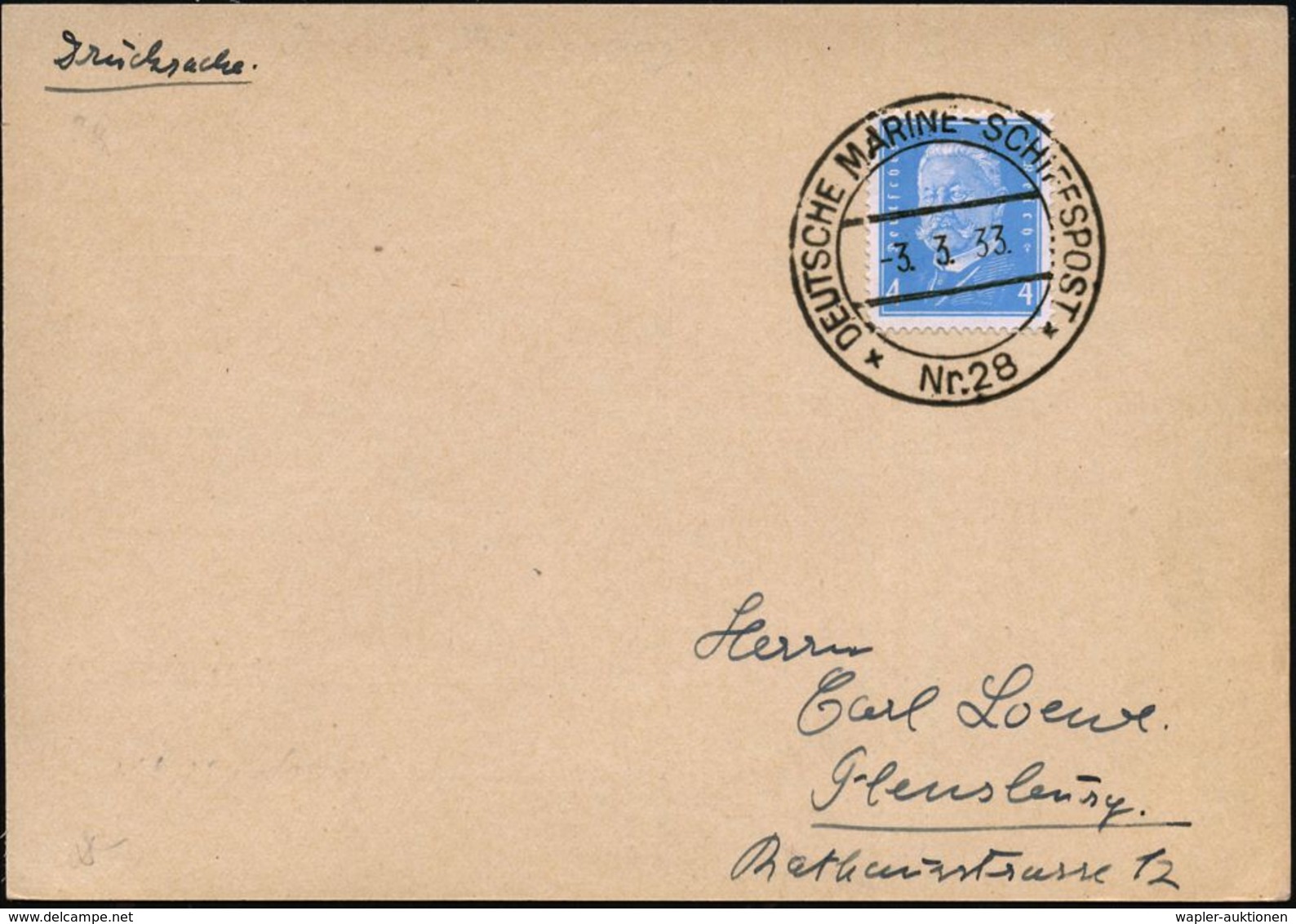 DEUTSCHES REICH 1933 (3.3.) 2K-BPA: DEUTSCHE MARINE-SCHIFFSPOST/*Nr.28* = Neuer Stempel Kl. Kreuzer "Königsberg" , Glask - Maritime