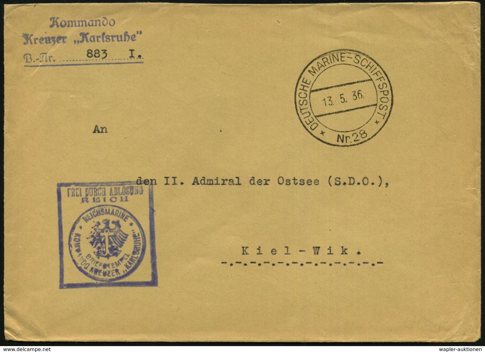 DEUTSCHES REICH 1936 (13.5.) 2K-BPA.: DEUTSCHE MARINE-SCHIFFSPOST/*Nr.28* + Viol. 3L: Kommando/ Kreuzer "Karlsruhe".. +  - Marittimi