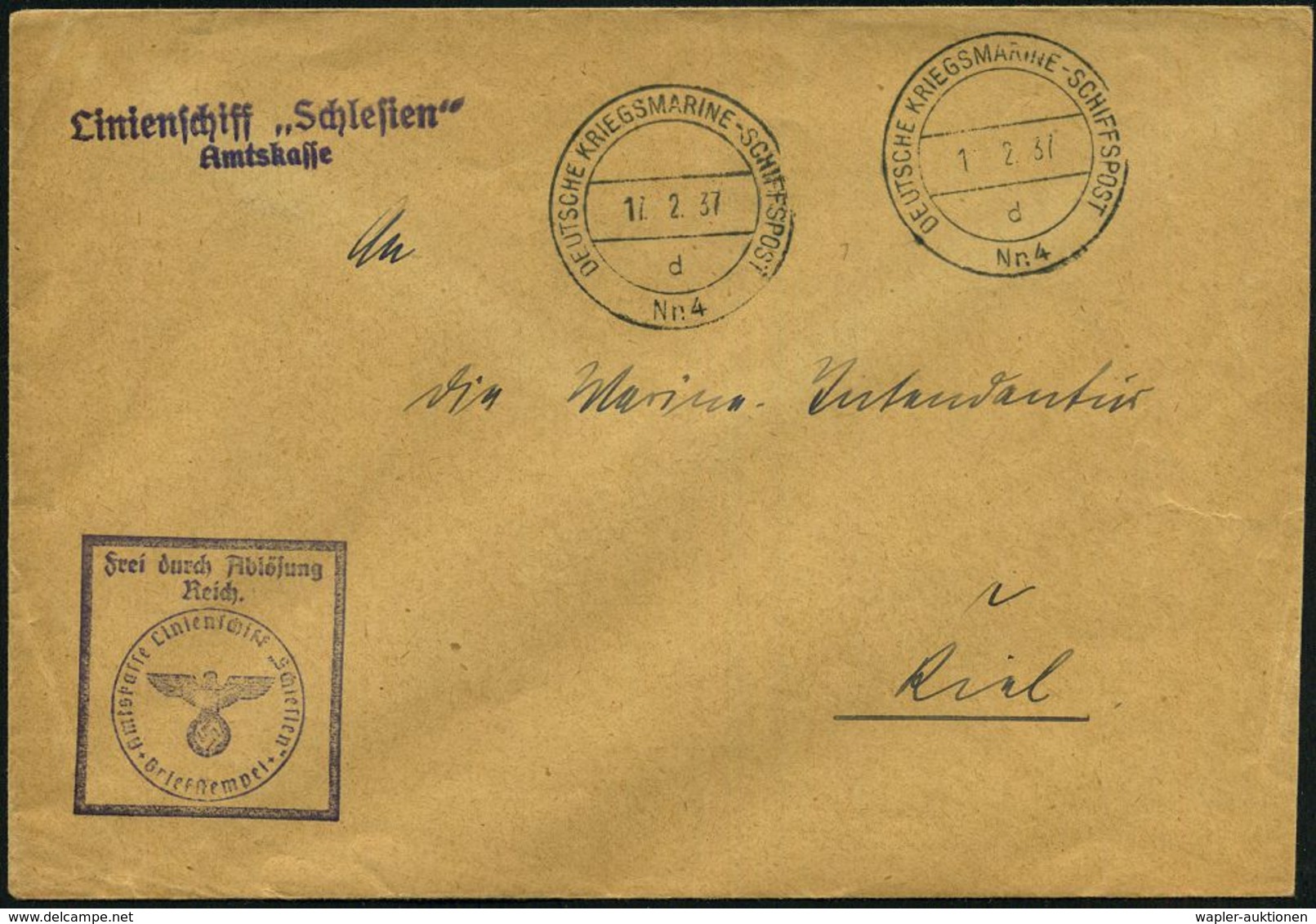 DEUTSCHES REICH 1937 (17.2.) 2K-BPA.: DEUTSCHE KRIEGSMARINE-SCHIFFSPOST/d/Nr.4 = Linienschiff "Schlesien", Ausbildungsre - Maritime