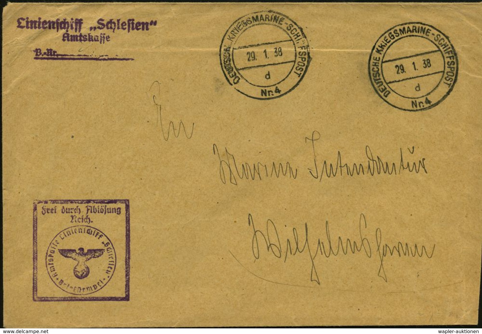 DEUTSCHES REICH 1938 (29.1.) 2K-BPA.: DEUTSCHE KRIEGSMARINE-SCHIFFSPOST/d/Nr.4 + Viol. 3L: Linienschiff "Schlesien".. +  - Maritiem