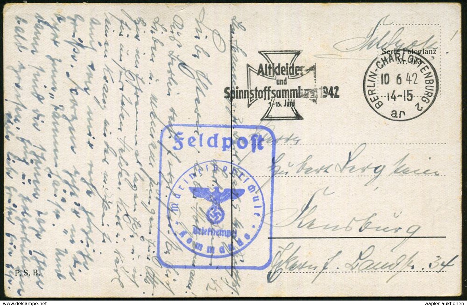 BERLIN-CHARLOTTENBURG 2/ Ar/ Altkleider/ Und/ Spinnstoffsammlung 1942 (10.6.) Seltener MWSt (Eisernes Kreuz) + Blauer Ra - Schiffahrt