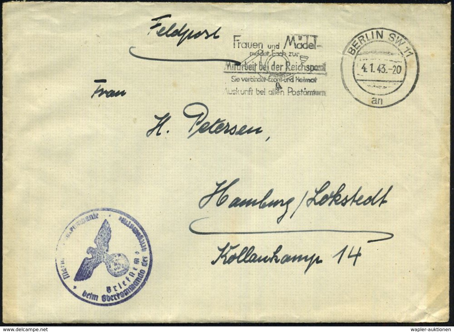 BERLIN SW 11 1943 (Jan./Apr.) MWSt.: BERLIN SW 11/an/Frauen U. Mädel/ Meldet Euch Zur/ Mitarbeit Bei Der Reichspost.. +  - Maritime