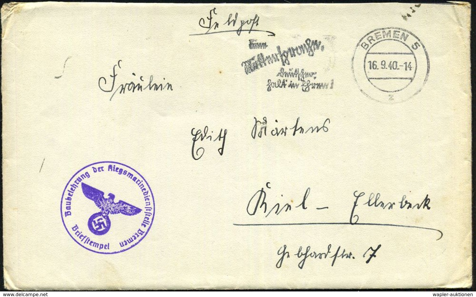 BREMEN 5/ Z/ Deine/ Muttersprache/ Deutscher,/ Halt In Ehren! 1940 (16.9.) MWSt, Text Sütterlin + Viol. 1K-HdN: Baulehrg - Maritime