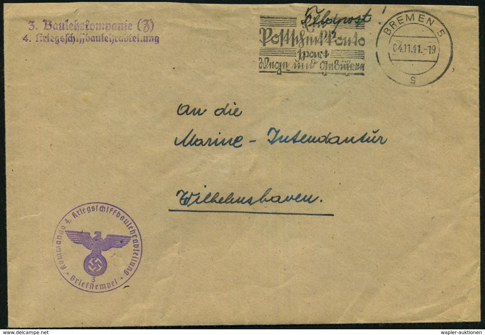 BREMEN 5/ S/ Ein/ Postscheckkonto.. #bzw.# BREMEN 5/ Z/ Hilf Mit/ Im Deutschen Roten Kreuz! 1941 (Nov.) 2 Verschiedene M - Maritiem