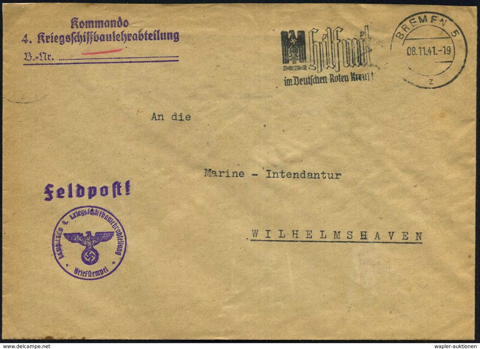 BREMEN 5/ S/ Ein/ Postscheckkonto.. #bzw.# BREMEN 5/ Z/ Hilf Mit/ Im Deutschen Roten Kreuz! 1941 (Nov.) 2 Verschiedene M - Marítimo