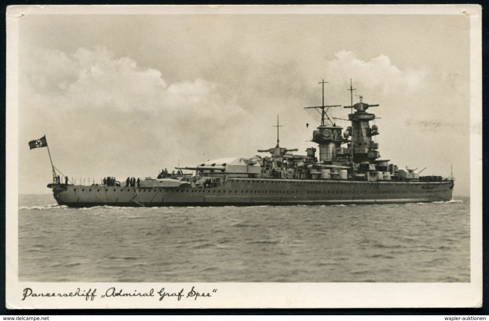 Emden 1940 (11.7.) Frankierte S/w.-Foto-Ak.: Panzerschiff "Admiral Graf Spee", Rs. Hs. Abs.: "VI. M. A. A., 3. Komp., Em - Schiffahrt