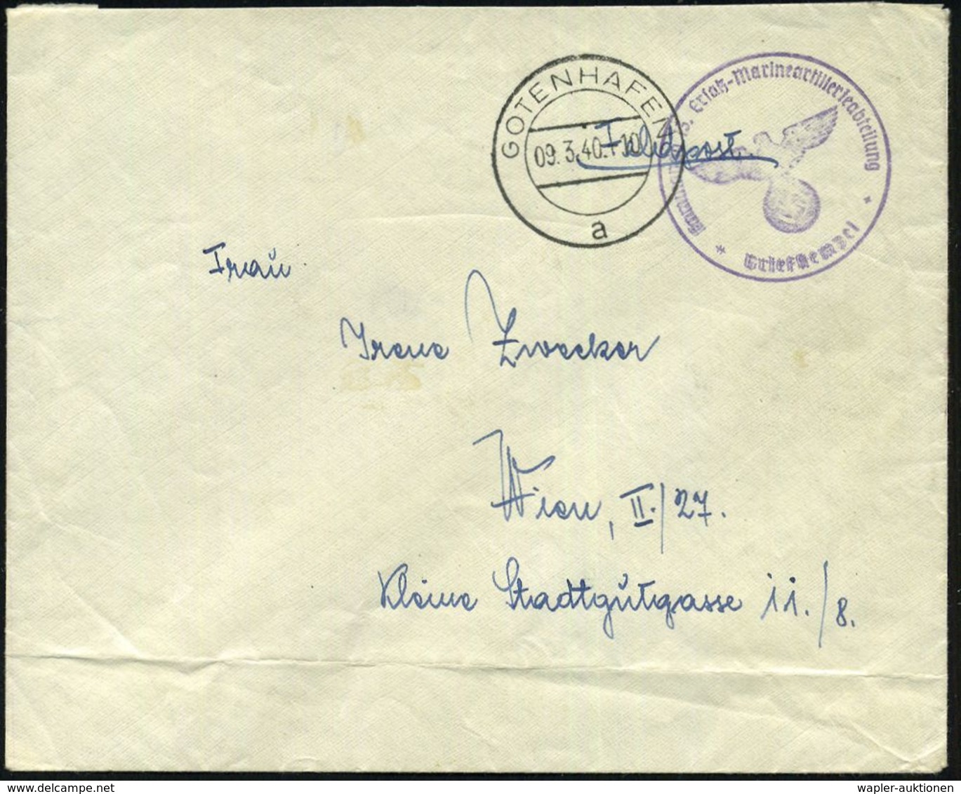 GOTENHAFEN/ A 1940 (9.3.) 2K-Steg + Viol. 1K-HdN: Kommando 13. Ersatz-Marineartillerieabteilung , Rs. Hs. Abs.: "3. Komp - Schiffahrt