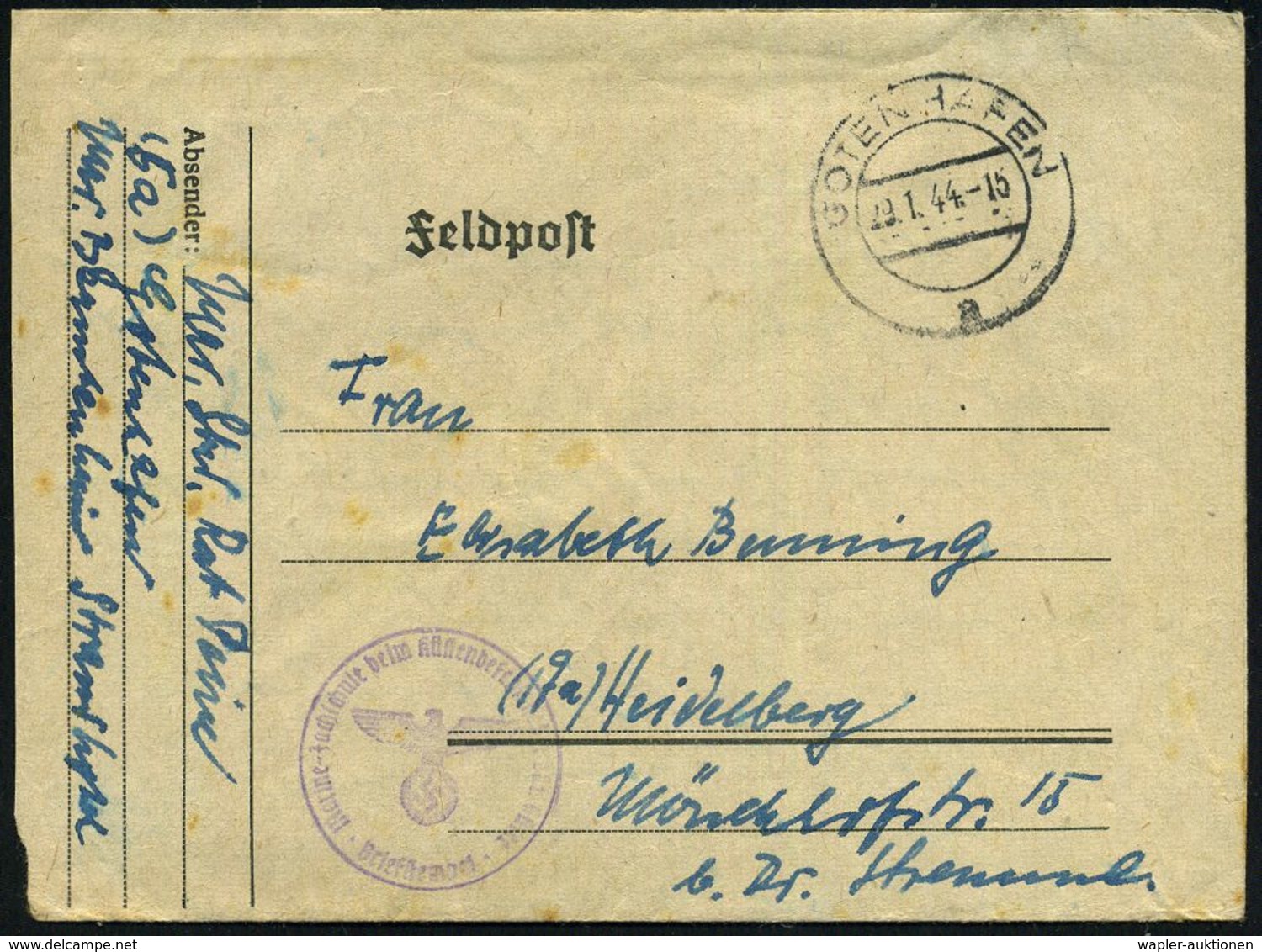 GOTENHAFEN/ A 1944 (Jan./Feb.) 2K-Steg 2x (1x Oben Undeutl.) + Viol. 1K-HdN: Marine-Fachschule Beim Küstenbefehlshaber.. - Schiffahrt
