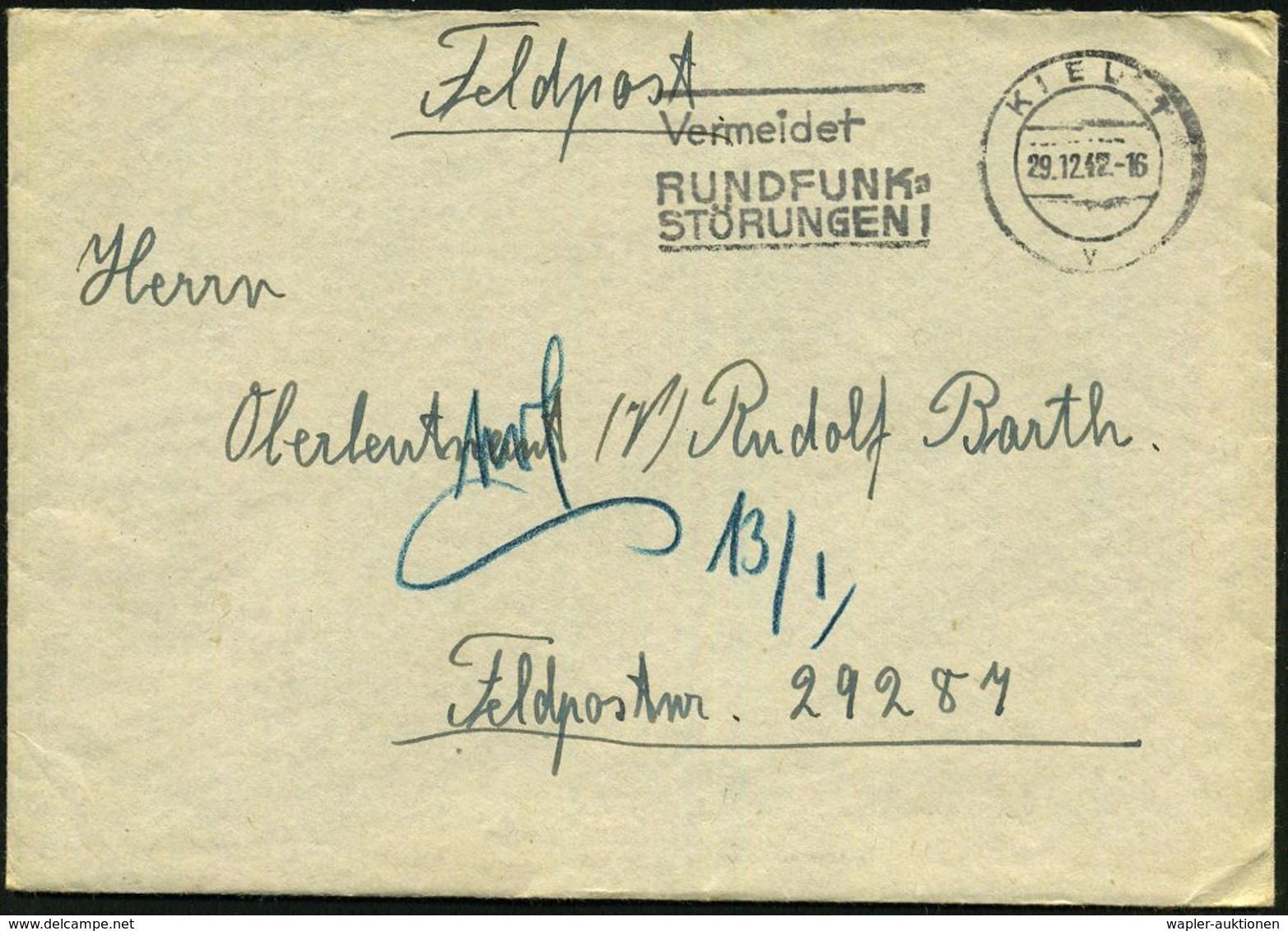 KIEL 1/ V/ Vermeidet/ RUNDFUNK-/ STÖRUNGEN! 1942 (29.12.) MWSt Auf Feldpost-Bf. An Feldpost-Nr. 29287 = Marine-Stamm-Abt - Schiffahrt