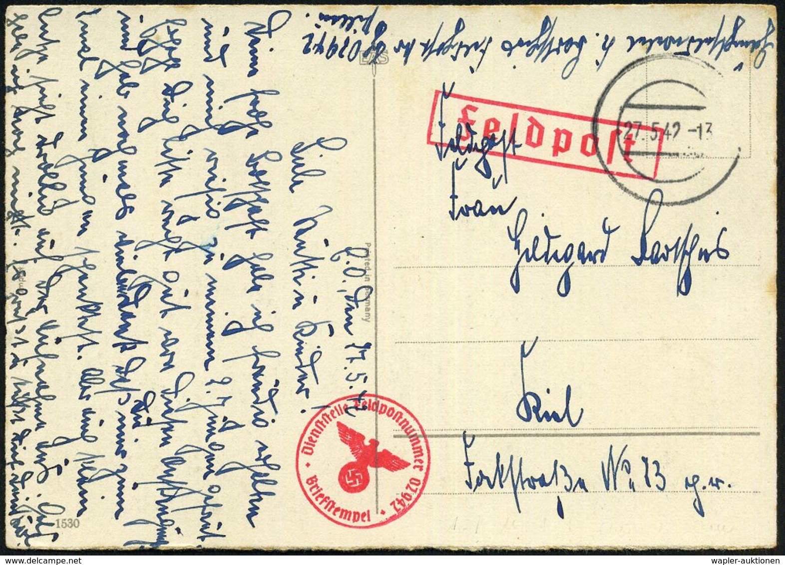 Pillau 1942 (Feb./Mai) 2x Stummer 2K-Steg = Tarnstempel Pillau + 2x Roter 1K-HdN: Feldpostnr. 02942 = 12./ Marine-Artill - Schiffahrt