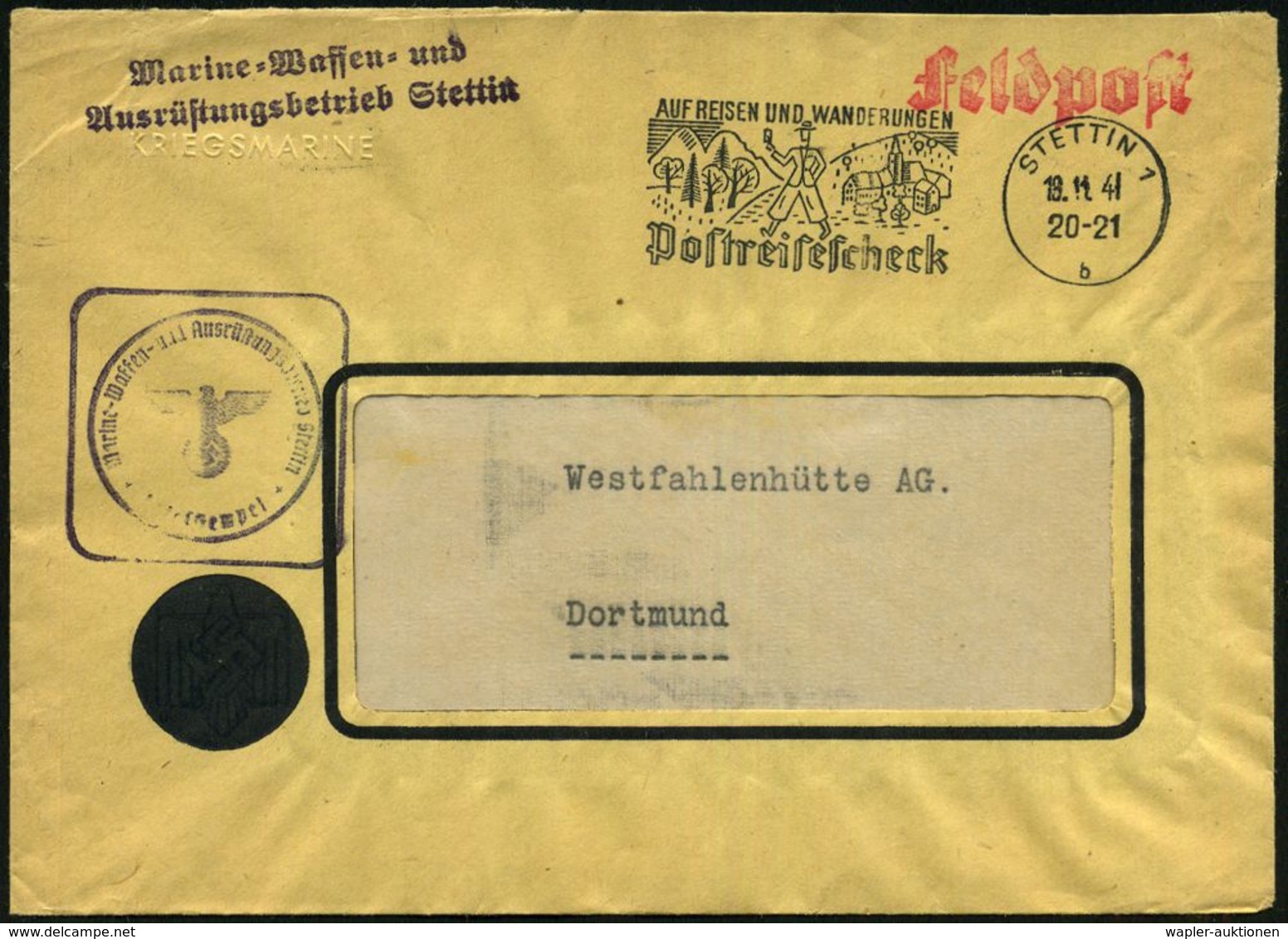 STETTIN 1/ B/ AUF REISEN U.WANDERUNGEN/ Postreisescheck 1941 (18.11.) MWSt + Viol. 2L: Marine-Waffen- U./Ausrüstungsbetr - Maritiem
