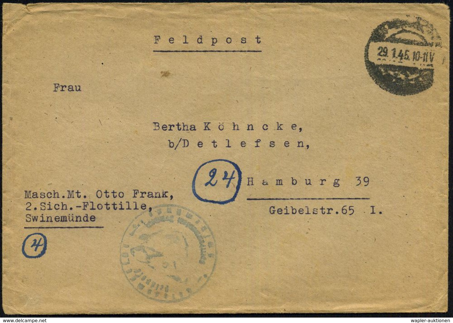 Swinemünde 1945 (29.1.) Stummer 1K-Steg = Tarnstempel Swinemünde + Blauer 1K-HdN: Kriegsmarine/Feldpost/Sperrkommandant  - Marittimi