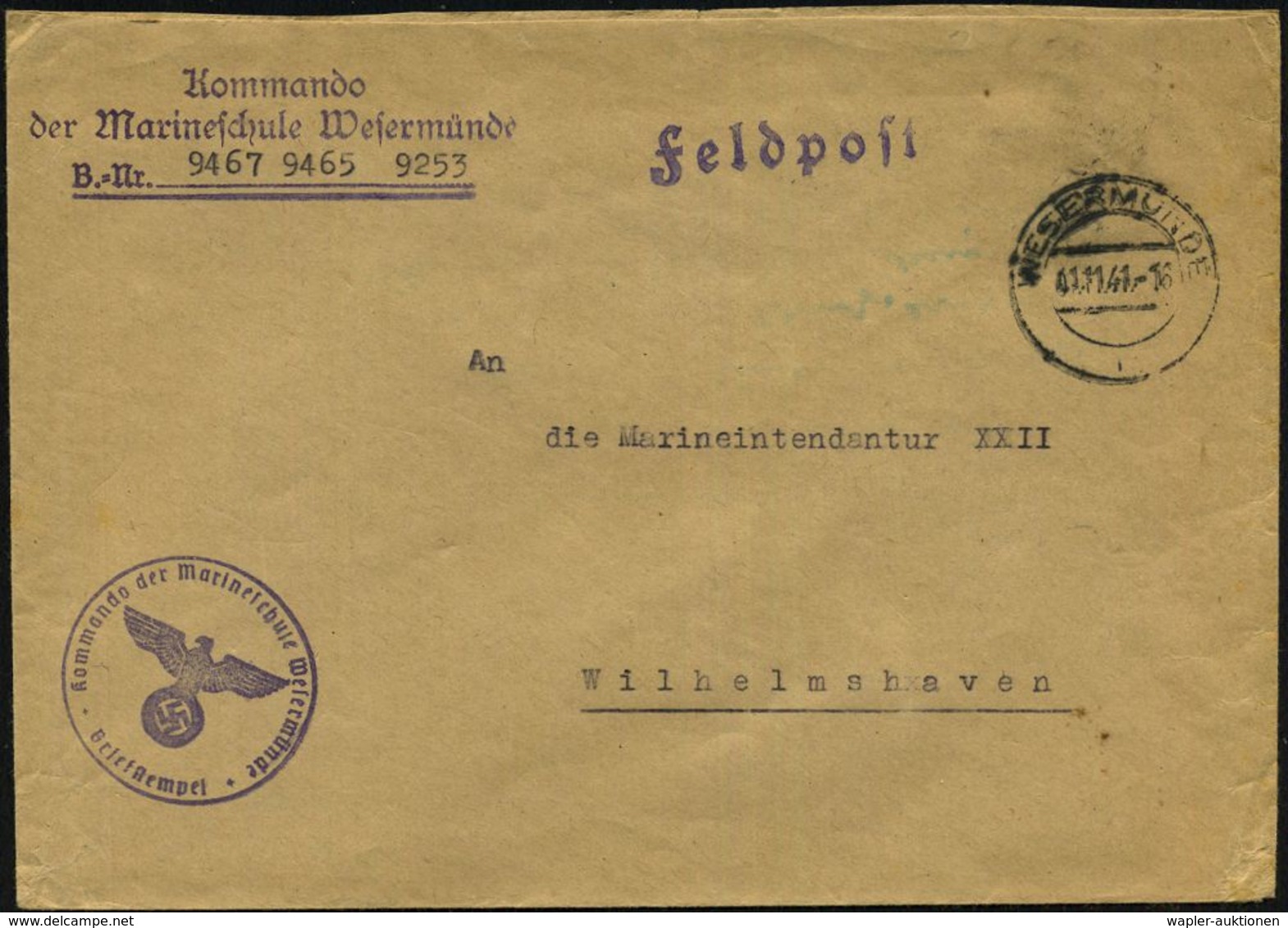 WESERMÜNDE/ K 1941/42 2x 2K-Steg + 1x 2K: FELDPOST/b + 3 Verschiedene HdN: Marineschule Wesermünde: 2. Abt., Kommando U. - Maritime