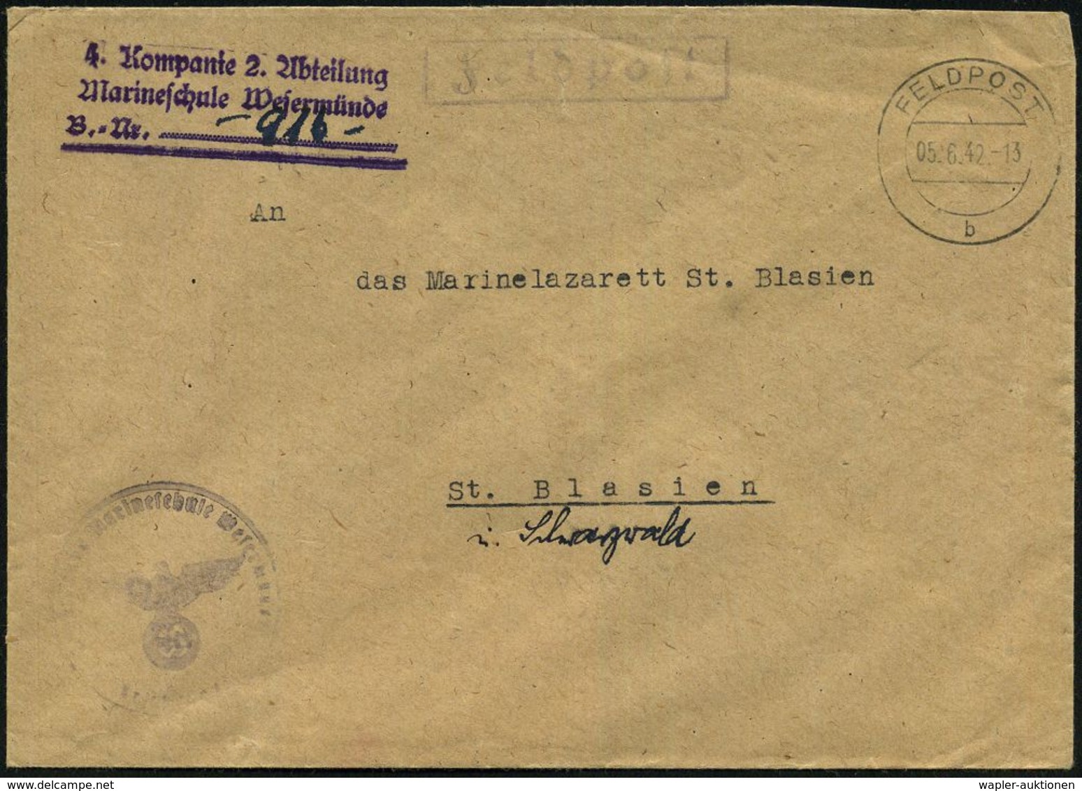 WESERMÜNDE/ K 1941/42 2x 2K-Steg + 1x 2K: FELDPOST/b + 3 Verschiedene HdN: Marineschule Wesermünde: 2. Abt., Kommando U. - Maritiem