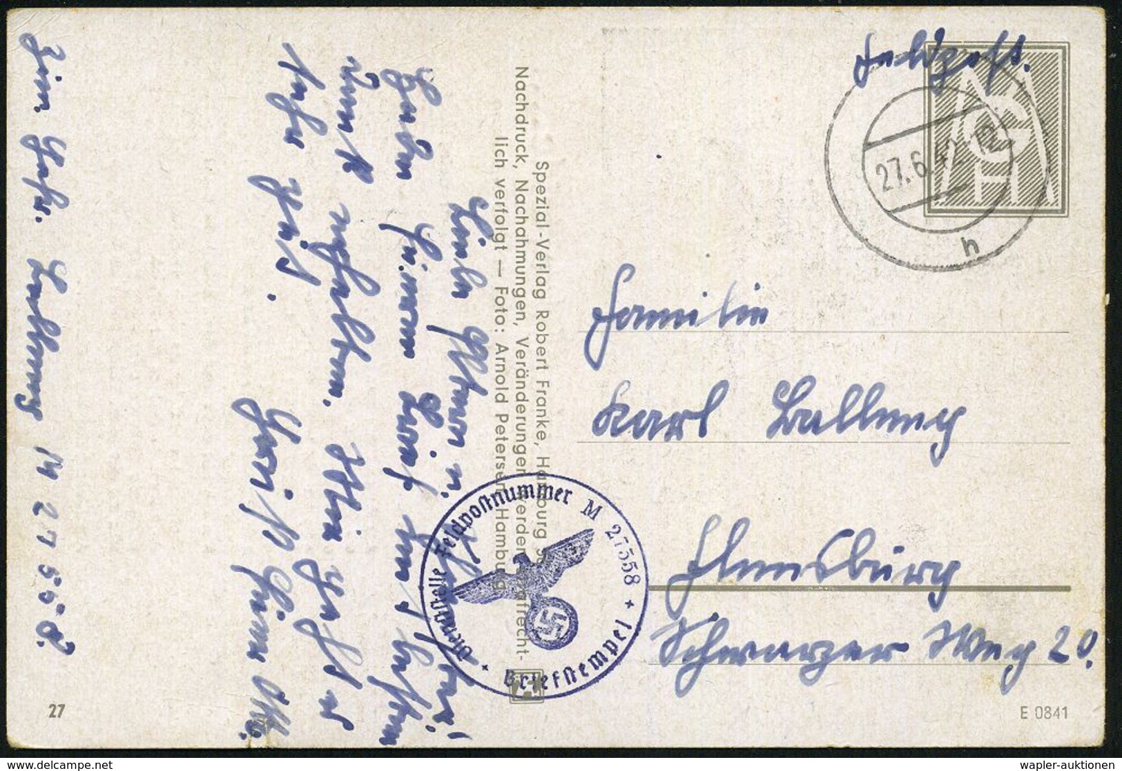 DEUTSCHES REICH 1942 (27.6.) Stummer 2K-Steg = Tarnstempel + Viol. 1K-HdN: Feldpostnr. M 27558 = 1. Sperrbrecher-Flottil - Marittimi