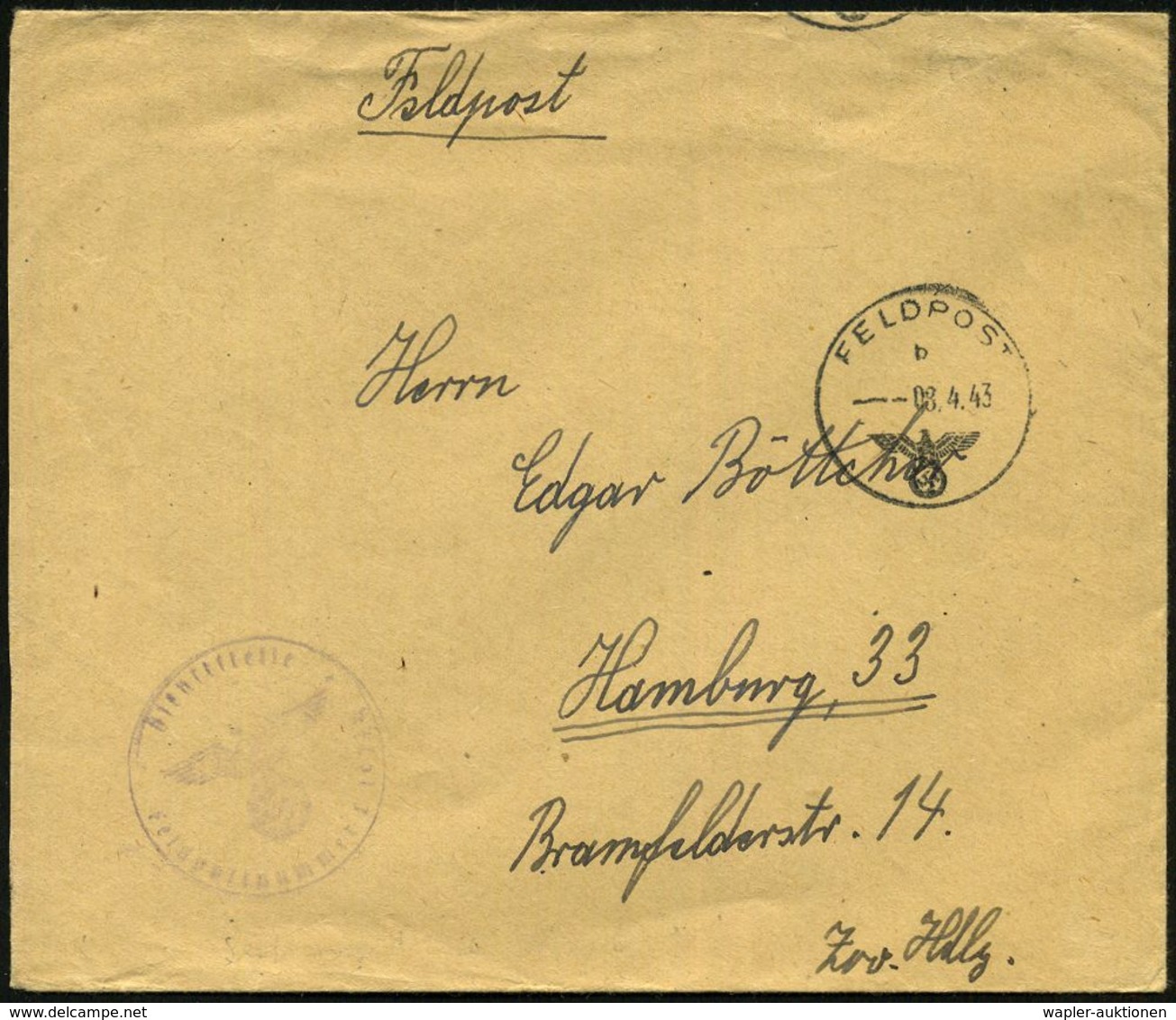 DEUTSCHES REICH 1943 (8.4.) 1K: FELDPOST/b/--- + Viol. 1K-HdN: Feldpostnr. 00657 (etw. Hell) + Rs. Hs. Abs. = Seetranspo - Marittimi