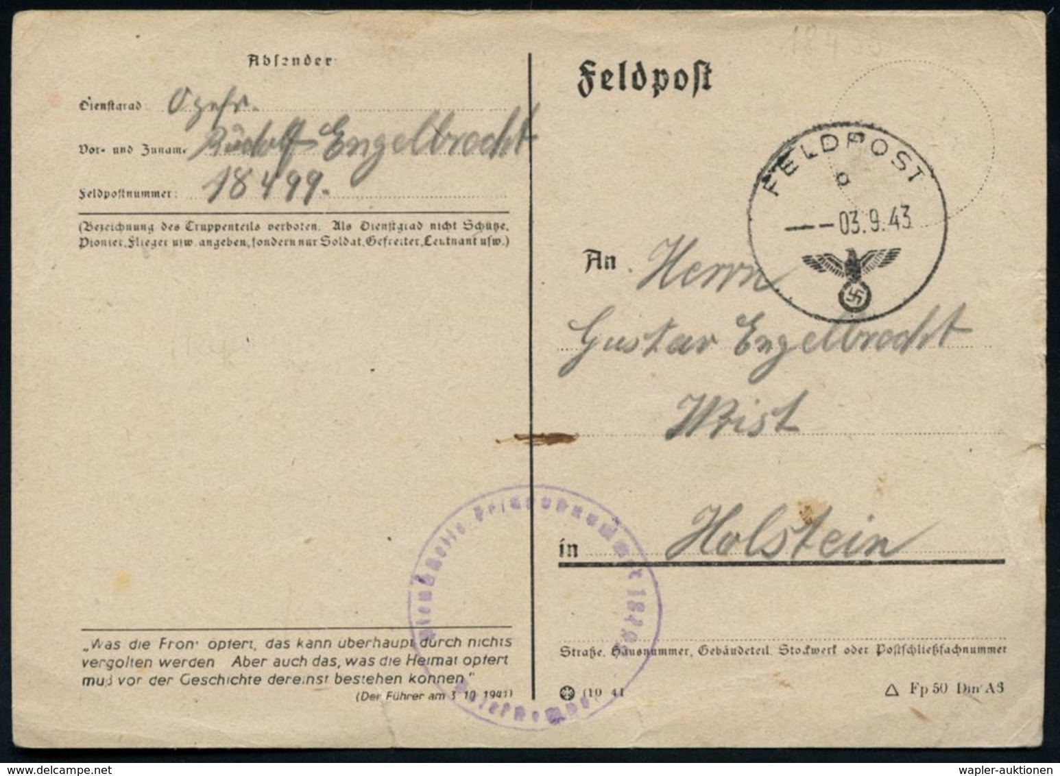 DEUTSCHES REICH 1943 (3.9.) 1K: FELDPODT/o/--- + Viol. 1K-HdN: Feldpostnr. 18499 =  K R I M  ,  Hafen-Kdo.  J A T A + Hs - Marittimi