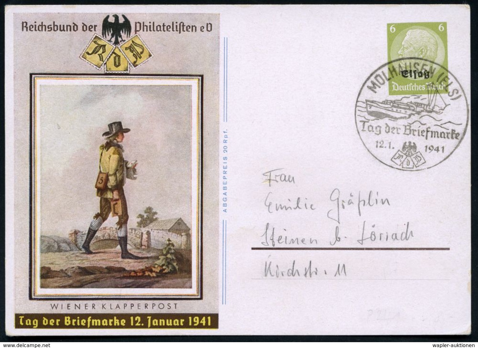 MÜLHAUSEN (ELS)/ Tag D.Briefmarke 1941 (12.1.) SSt = Schnellboot (Typ S 14-17) 2x Auf  Sonder-P. 6 Pf. Hindenbg., Oliv:  - Schiffahrt