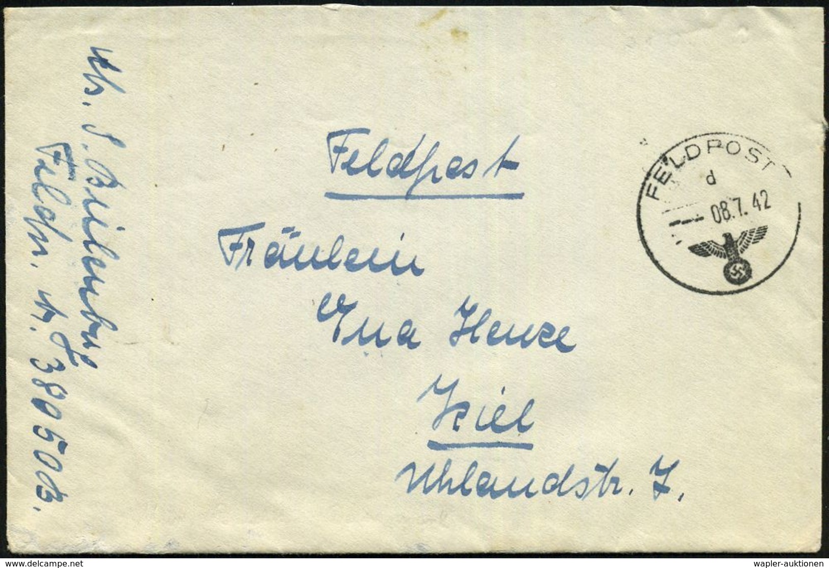 DT.BES.DÄNEMARK 1942 (8.7.) 1K: FELDPOST/d/--- + Hs. Abs.: "Feldpost Nr. 38050" = Marine-Befehlshaber  D ä N E M A R K , - Schiffahrt