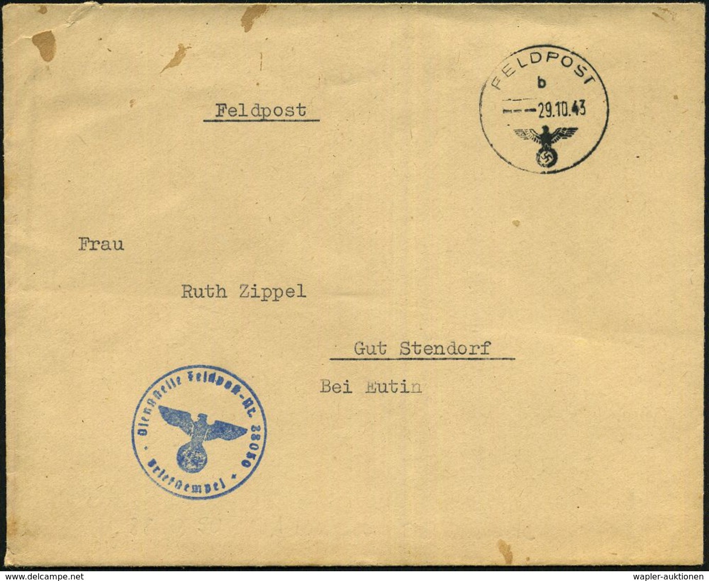 DT.BES.DÄNEMARK 1943 (29.10.) 1K: FELDPOST/b/--- + Blauer 1K-HdN: Feldpost-Nr. 38050 = Admiral  D ä N E M A R K + Rs. Ma - Marittimi