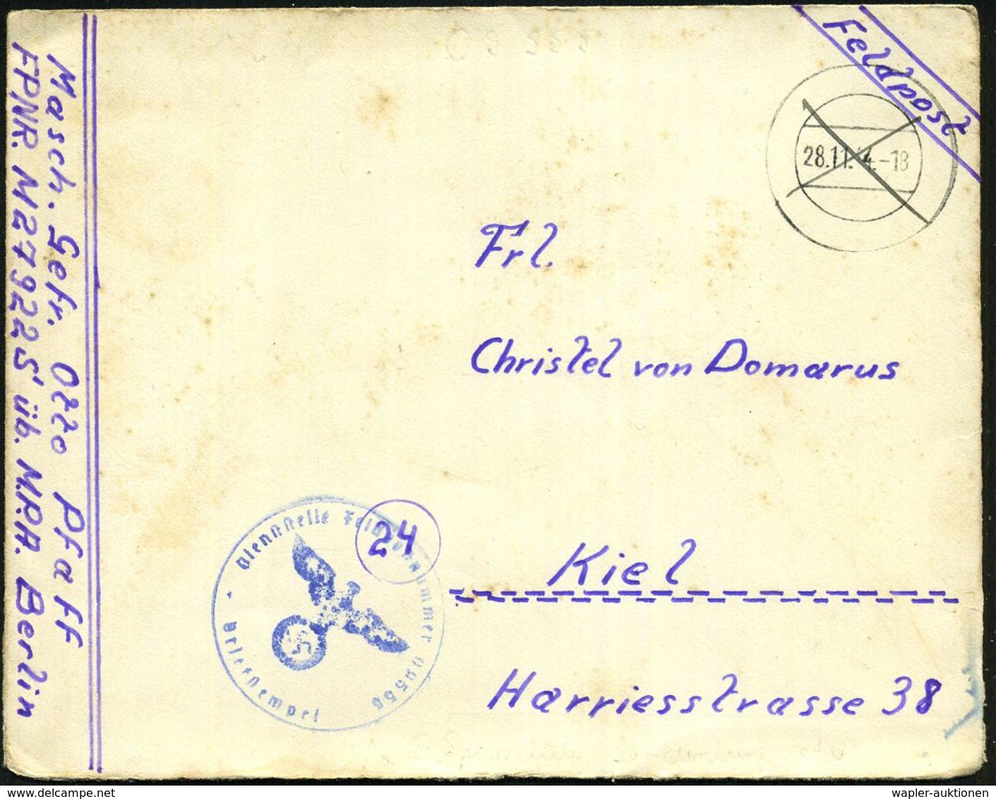 DT.BES.DÄNEMARK 1944 (28.11.) Stummer 2K = Tarnstempel + Blauer 1K-HdN.: Feldpostnr. 09555 = Sperrschule  S O N D E R B  - Maritiem