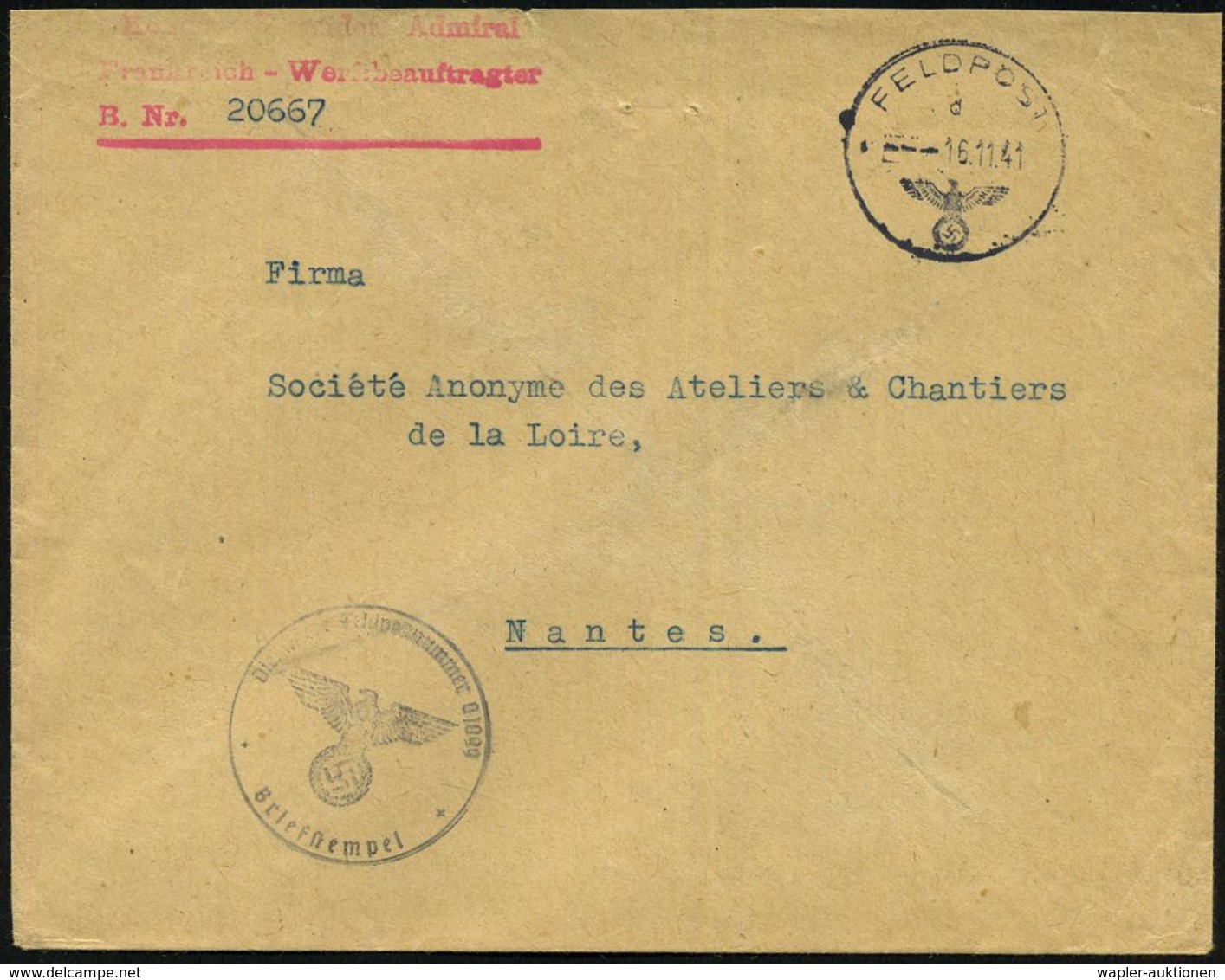 DT.BES.FRANKREICH 1941 (16.11.) 1K: FELDPOST/d/--- + Viol. 1K-HdN: Feldpostnr. 01099 = Kommandierender Admiral In Frankr - Maritime