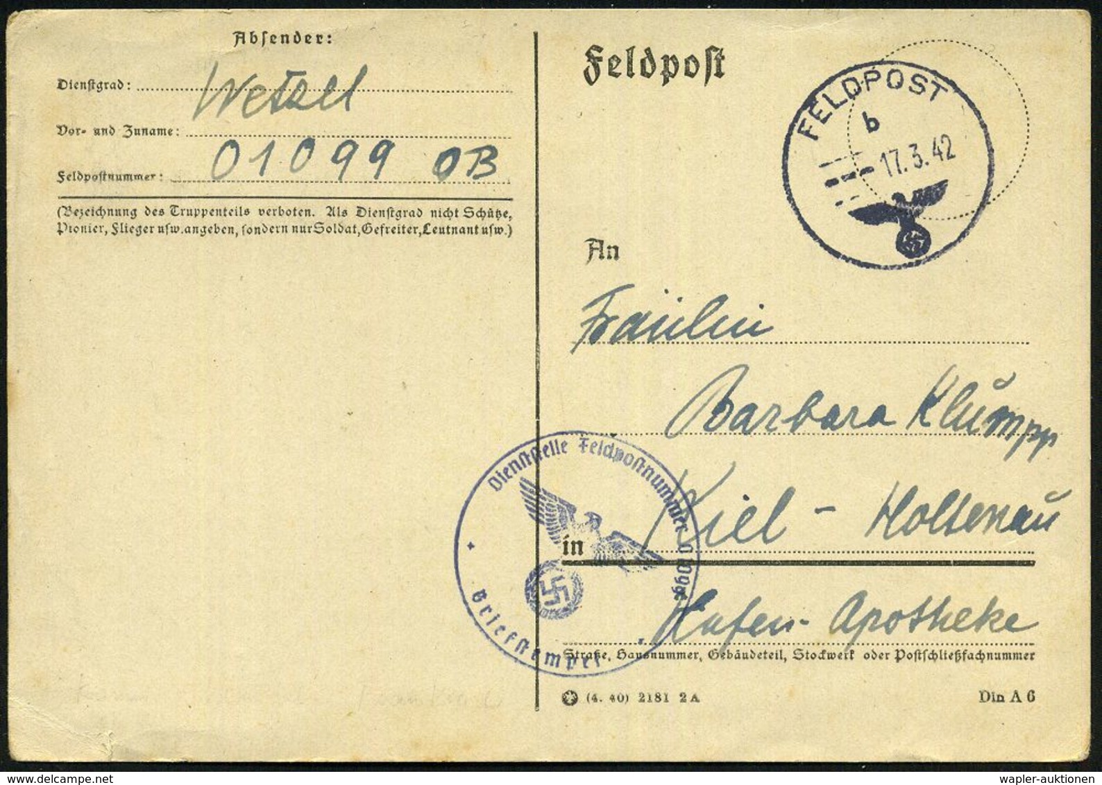 DT.BES.FRANKREICH 1942 (17.3.) 1K: FELDPOST/b/--- + Viol. 1K-HdN: Feldpostnr. 01099 + Hs. Abs. = Kommandierender Admiral - Schiffahrt