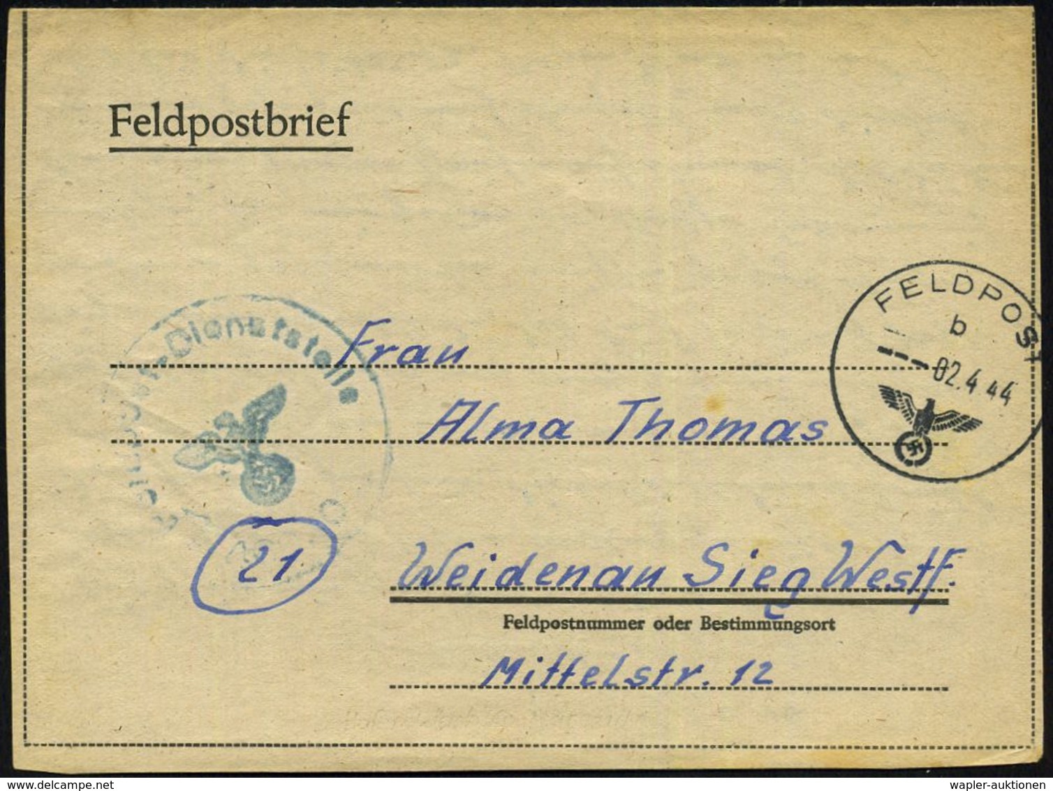 DT.BES.FRANKREICH 1944 (2.4.) 1K: FELDPOST/b/--- + Blauer 1K-HdN: Feldpost-Dienststelle/ 40930 + Rs. Hs. Abs.: "Feldpost - Schiffahrt