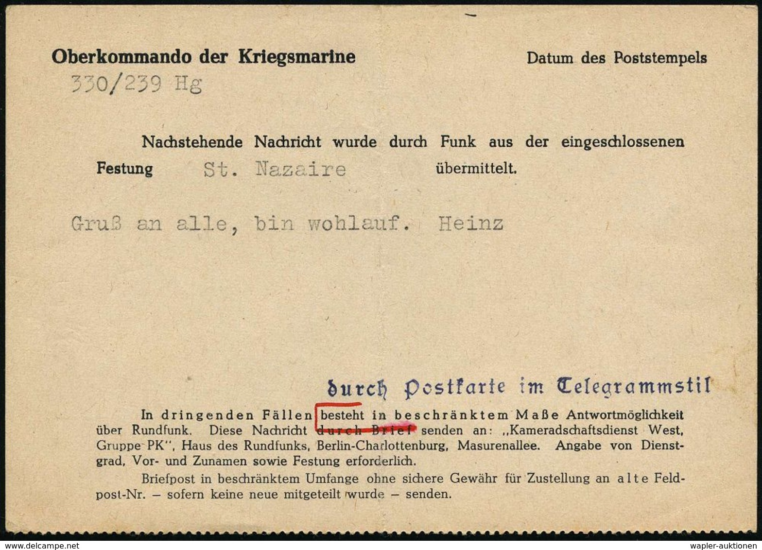 DT.BES.FRANKREICH 1944/48 Dokumentation "Festung St. Nazaire": Funkmitteilungskt. Vom 11.11. (Mittelbug) + 2 Fp.-Faltbfe - Schiffahrt