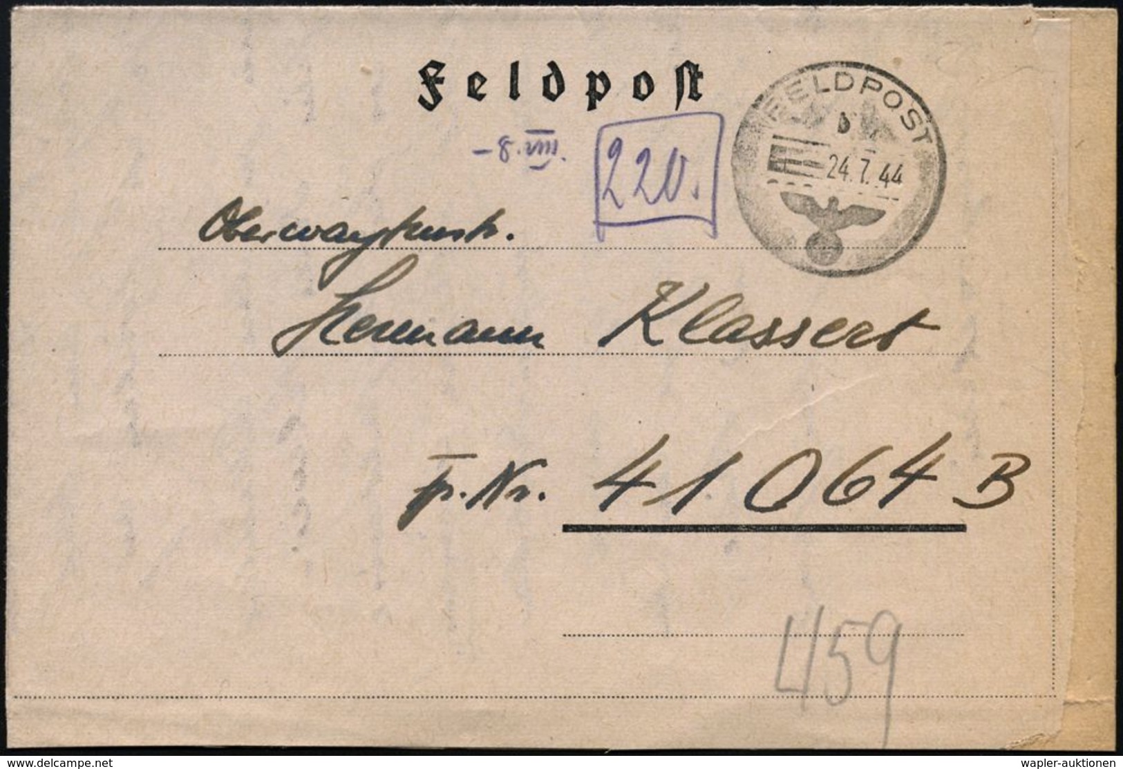 DT.BES.ITALIEN 1944 (24.7.) 1K: FELDPOST/b/--- + Rs. Hs. Abs.: "..M 28819, Mar. Feldp. Amt Wien" =  Marine - W E R F T   - Maritime