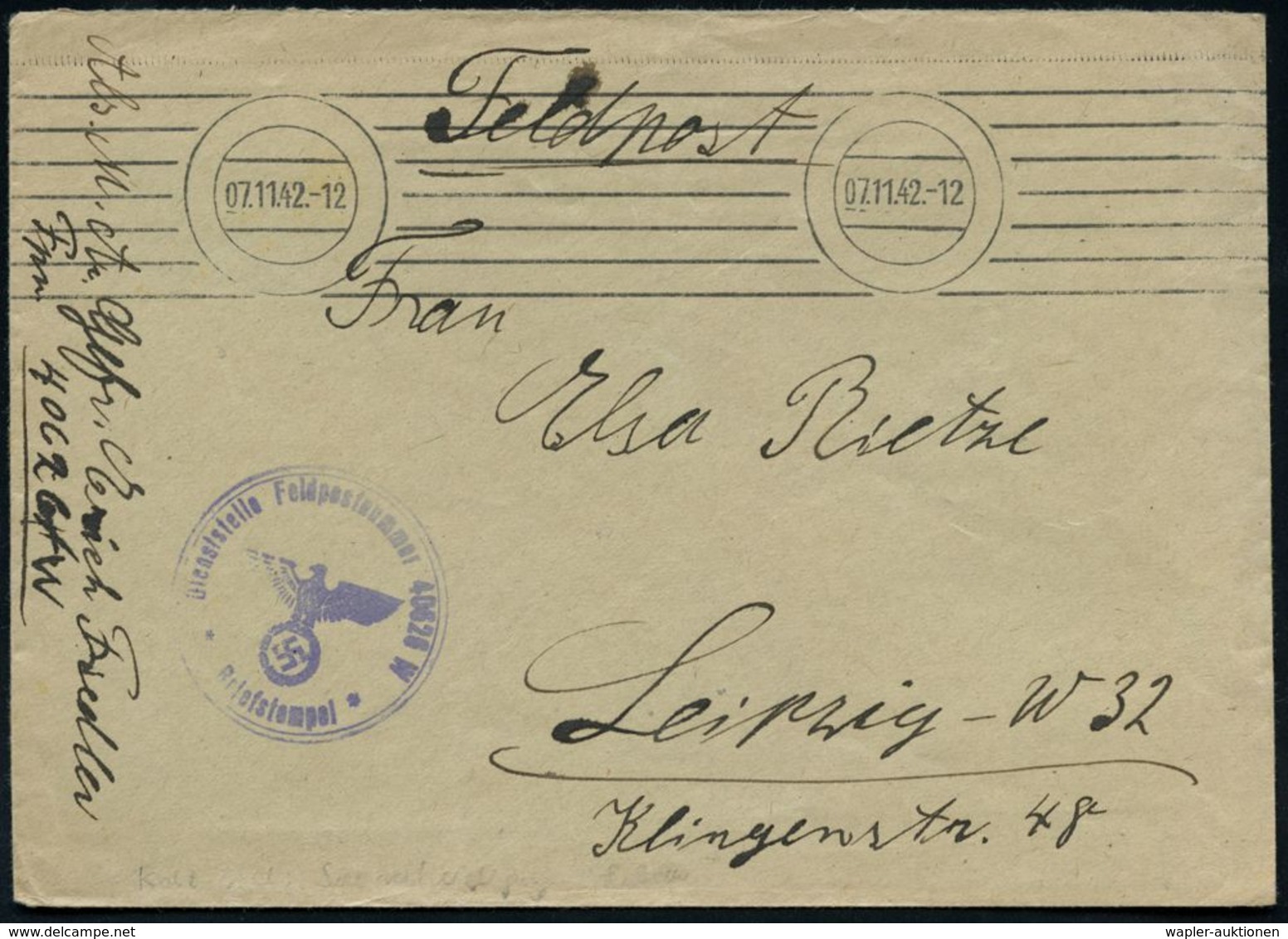 DT.BES.LETTLAND 1942 (7.11.) Stummer 2K-MaSt + 7 Striche = Tarnstempel Libau + Blauer 1K-HdN: Feldpost Nr. 40626 = Komma - Maritime