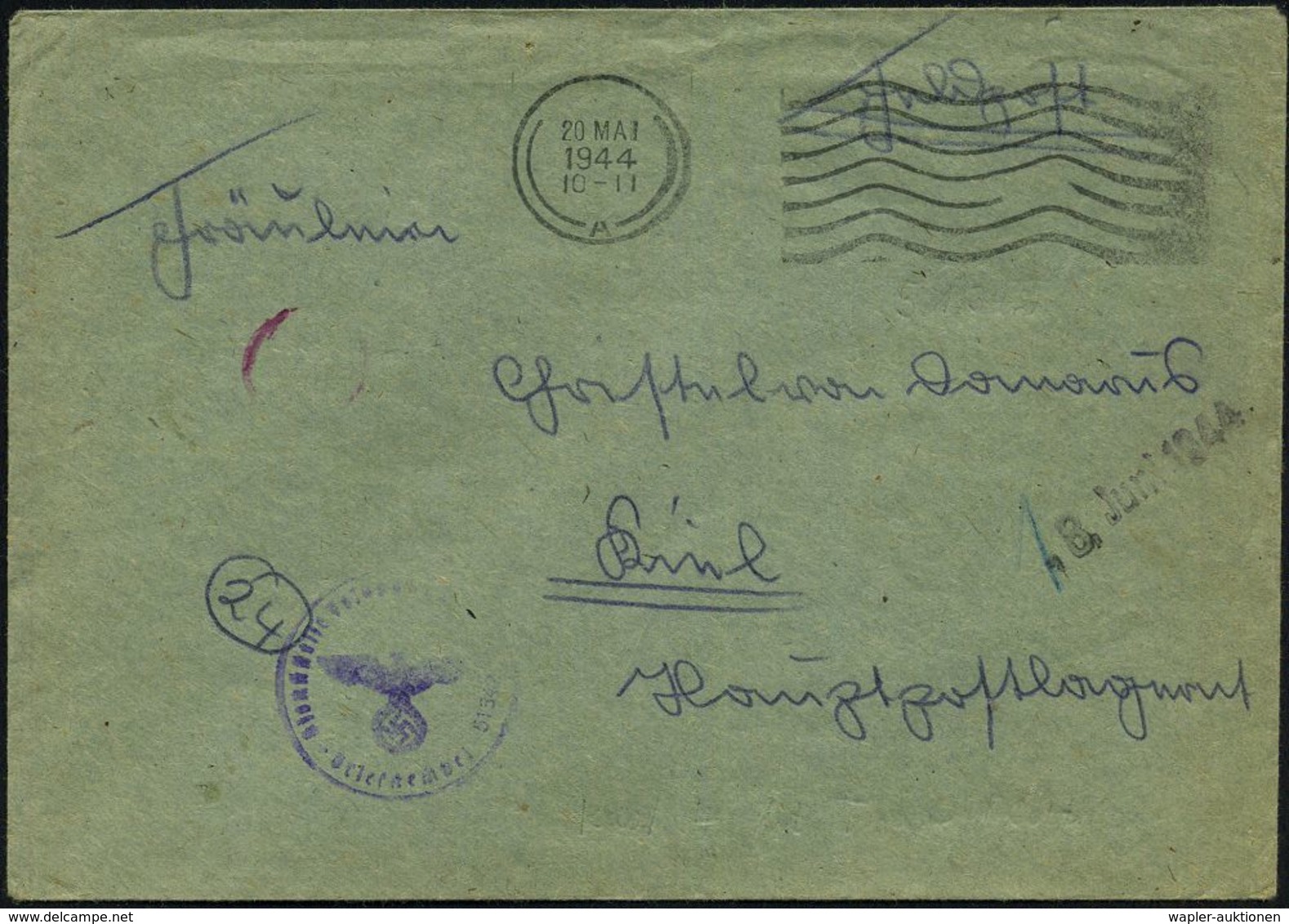 DT.BES.LETTLAND 1944 (20.5.) Stummer MaWellenSt.: A = Tarnstempel  R I G A  (Mi.66) + Viol. 1K + Rs. Hs. Abs.: Fp.Nr. "M - Maritiem