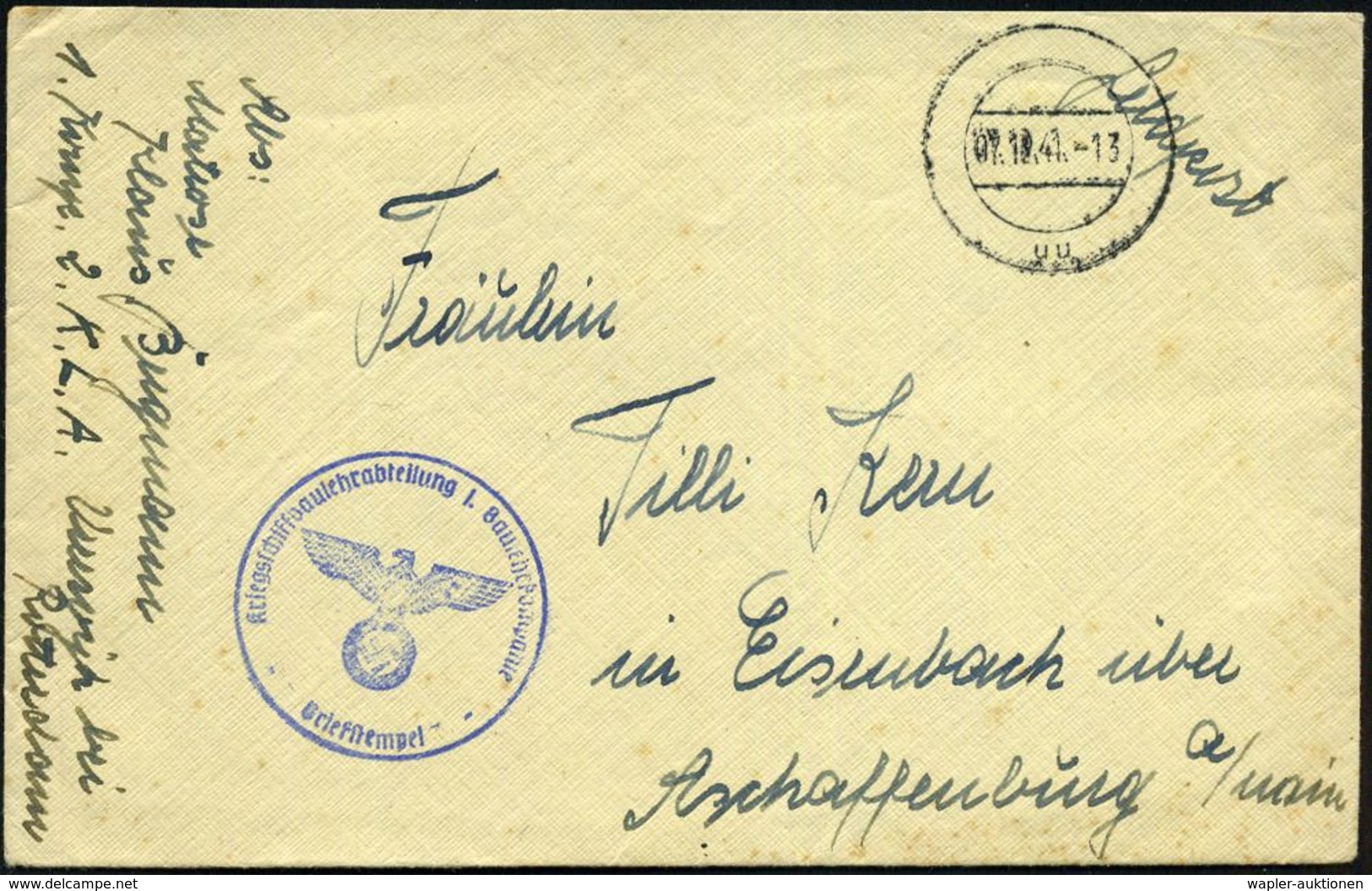 DT.BES.NIEDERLANDE 1941 (1.12.) Stummer 2K-Steg: "uu" = Tarnstempel Rotterdam + Blauer 1K-HdN: Kriegsschiffbaulherabteil - Maritiem