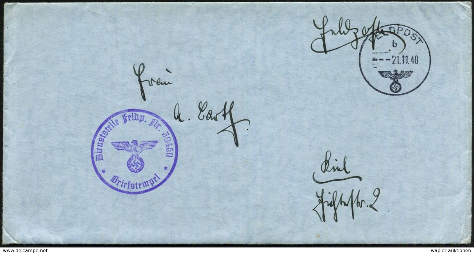 DT.BES.NORWEGEN 1940 (21.11.) 1K: FELDPOST/b/--- + Viol. 1K-HdN: Dienststelle Feldp. Nr. 39450 = Kommandantur Der See-Ve - Maritiem