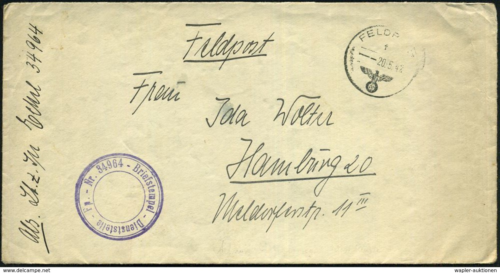 DT.BES.NORWEGEN 1942 (20.5.) 1K: FELDPOST/f/--- + Viol. 3K-HdN: Dienststelle - Fp.-Nr. 34964.. = Admiral Norwegische Wes - Maritiem