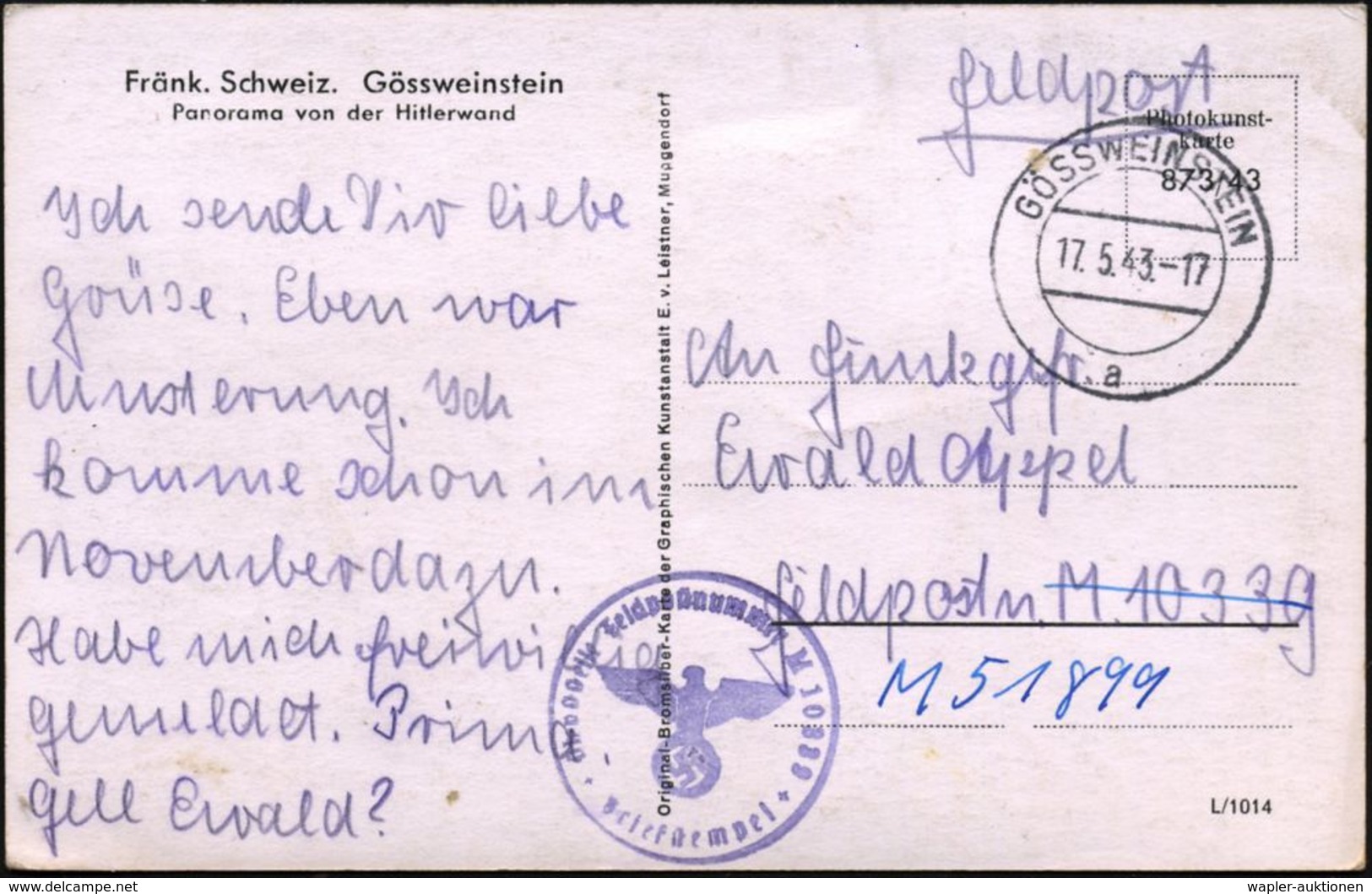 GÖSSWEINSTEIN/ A 1943 (17.5.) 2K-Steg + Viol. 1K-HdN: Feldpostnr. M 10 339 =  S P E R R S C H I F F   "Arkona" (M 515) A - Schiffahrt