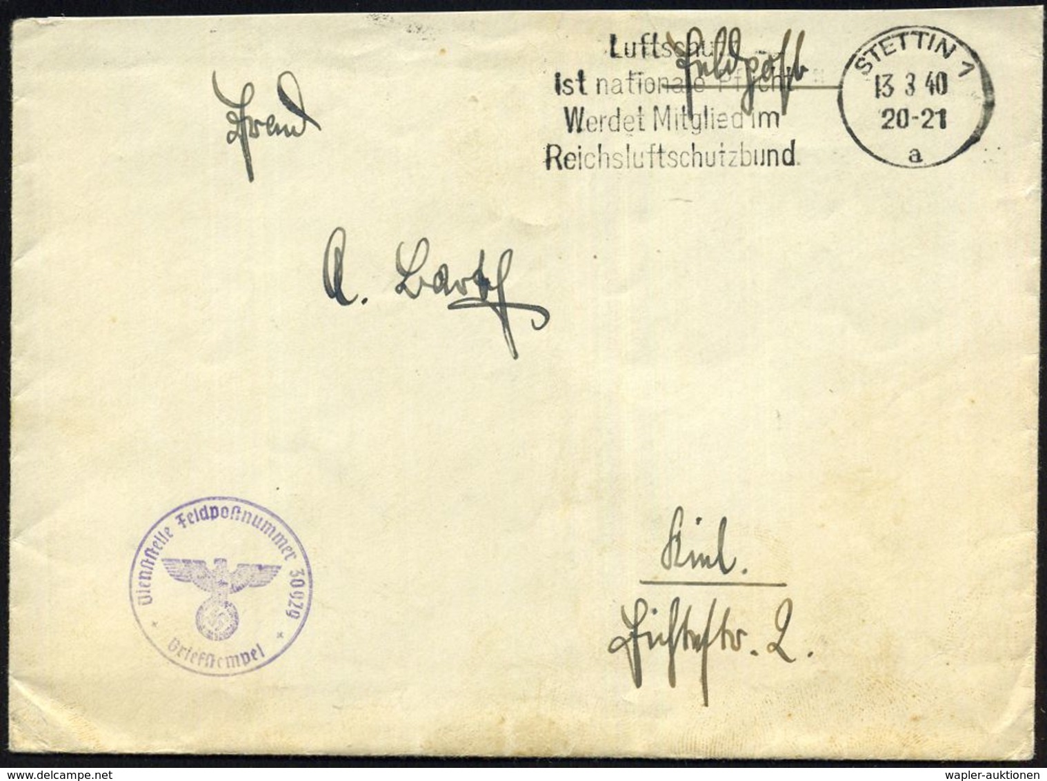 STETTIN 1/ A/ Lutschutz/ Ist Nationale Pflicht.. 1940 (13.3.) MWSt + Viol. 1K-HdN: Feldpostnr. 30929 = Artillerie-Schuls - Maritiem