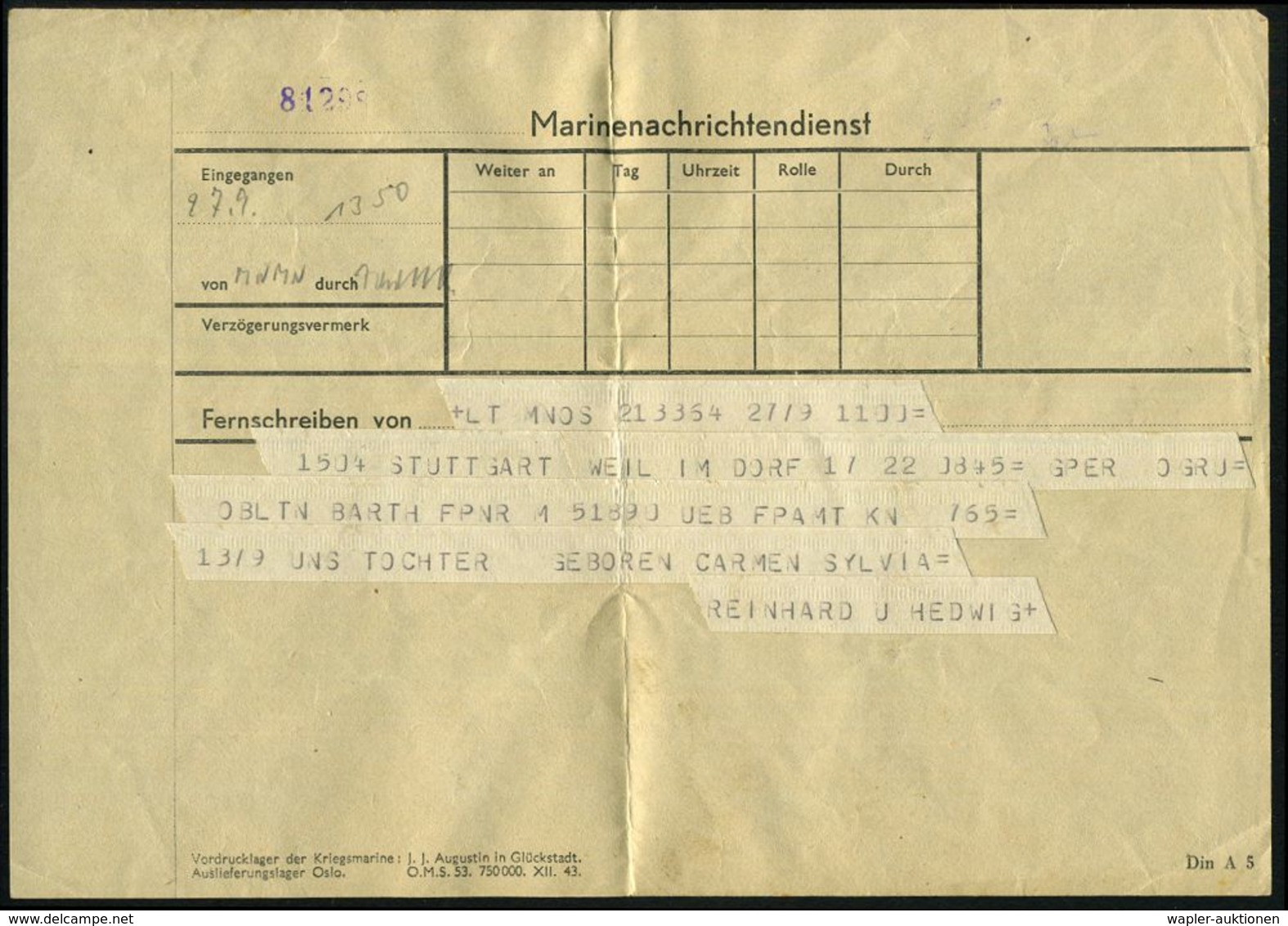 Stuttgart-Weil-im-Dorf 1943 (9.7.) Marine-Telegramm "Marinenachrichtendienst" An Feldpost-Nr. M 51890 = Zerstörer "Z 38" - Marittimi