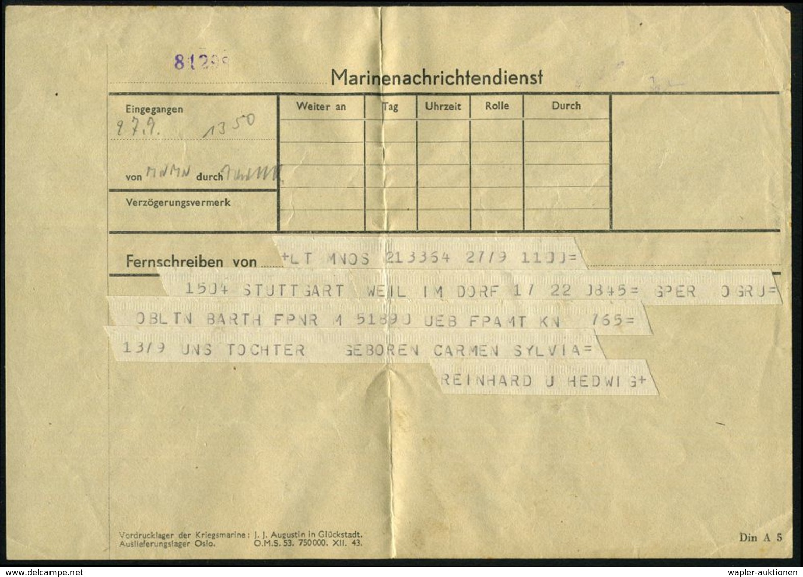 Stuttgart-Weil-im-Dorf 1943 (9.7.) Marine-Telegramm "Marinenachrichtendienst" An Feldpost-Nr. M 51890 = Zerstörer "Z 38" - Maritiem