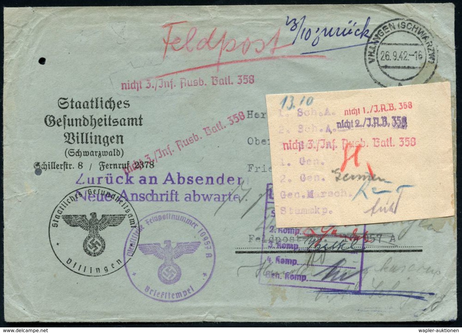 VILLINGEN (SCHWARZW)/ H 1942 (26.9.) 2K-Steg Auf Dienst-Vordr.-Bf.: Staatl. Gesundheitsamt Als Feldpost-Bf. (kleine Akte - Schiffahrt