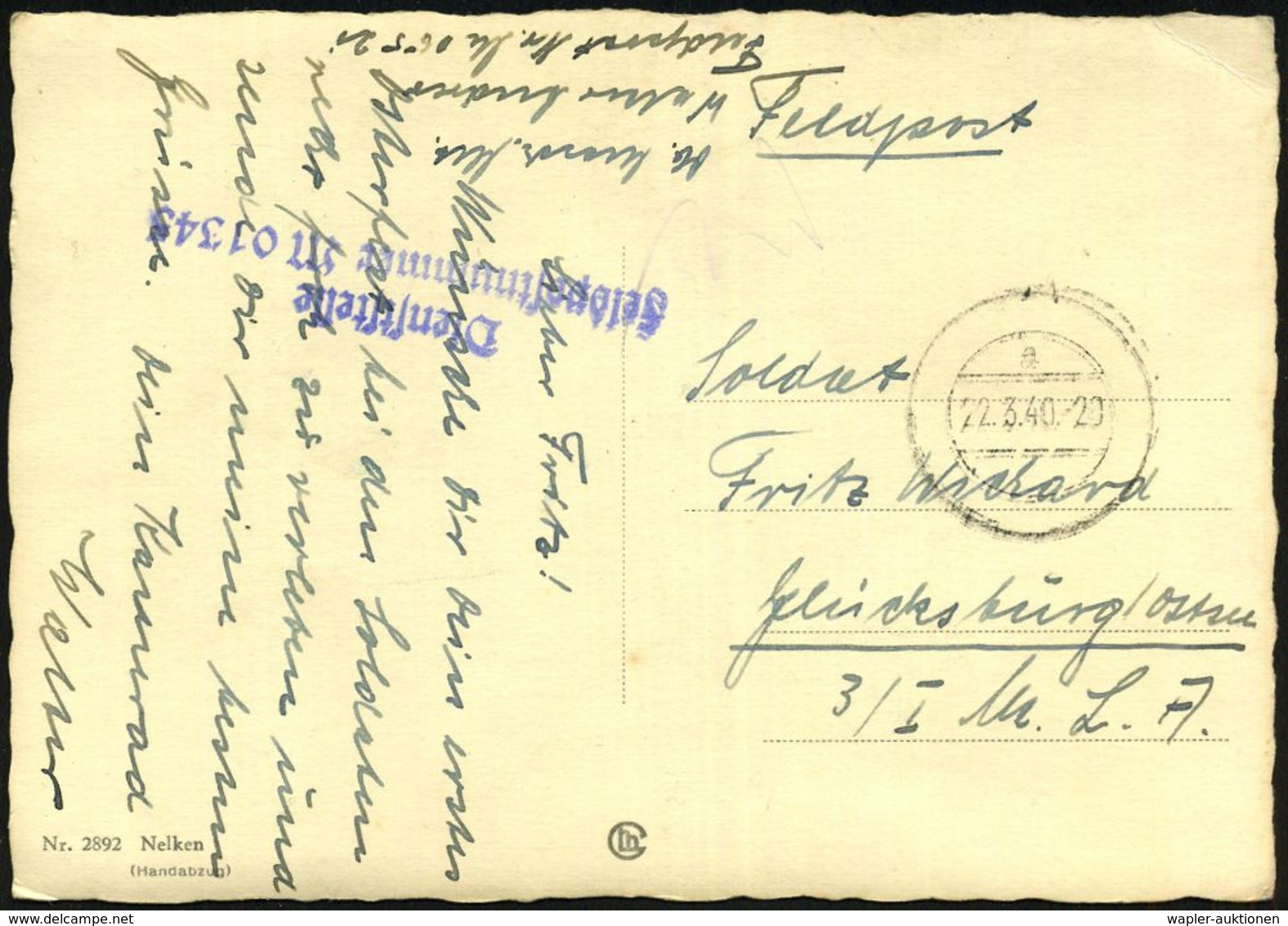 DEUTSCHES REICH 1940 (22.3.) Stummer 2K-Steg = Tarnstempel + Viol. 2L: Dienststelle/Feldpostnummer M 01345 = Zerstörer " - Maritiem