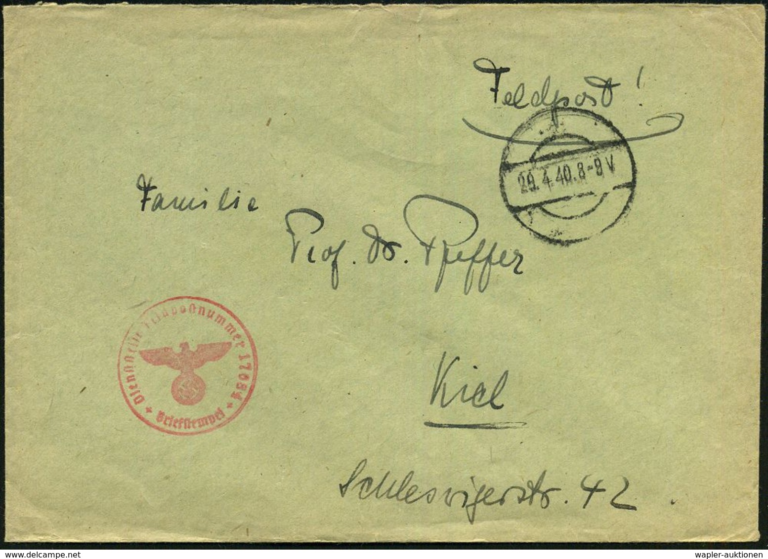 DEUTSCHES REICH 1940 (29.4.) Stumme 1K-Brücke = Tarnstempel + Roter 1K-HdN: Feldpostnr. 17684 = Linienschiff "Schleswig- - Maritime