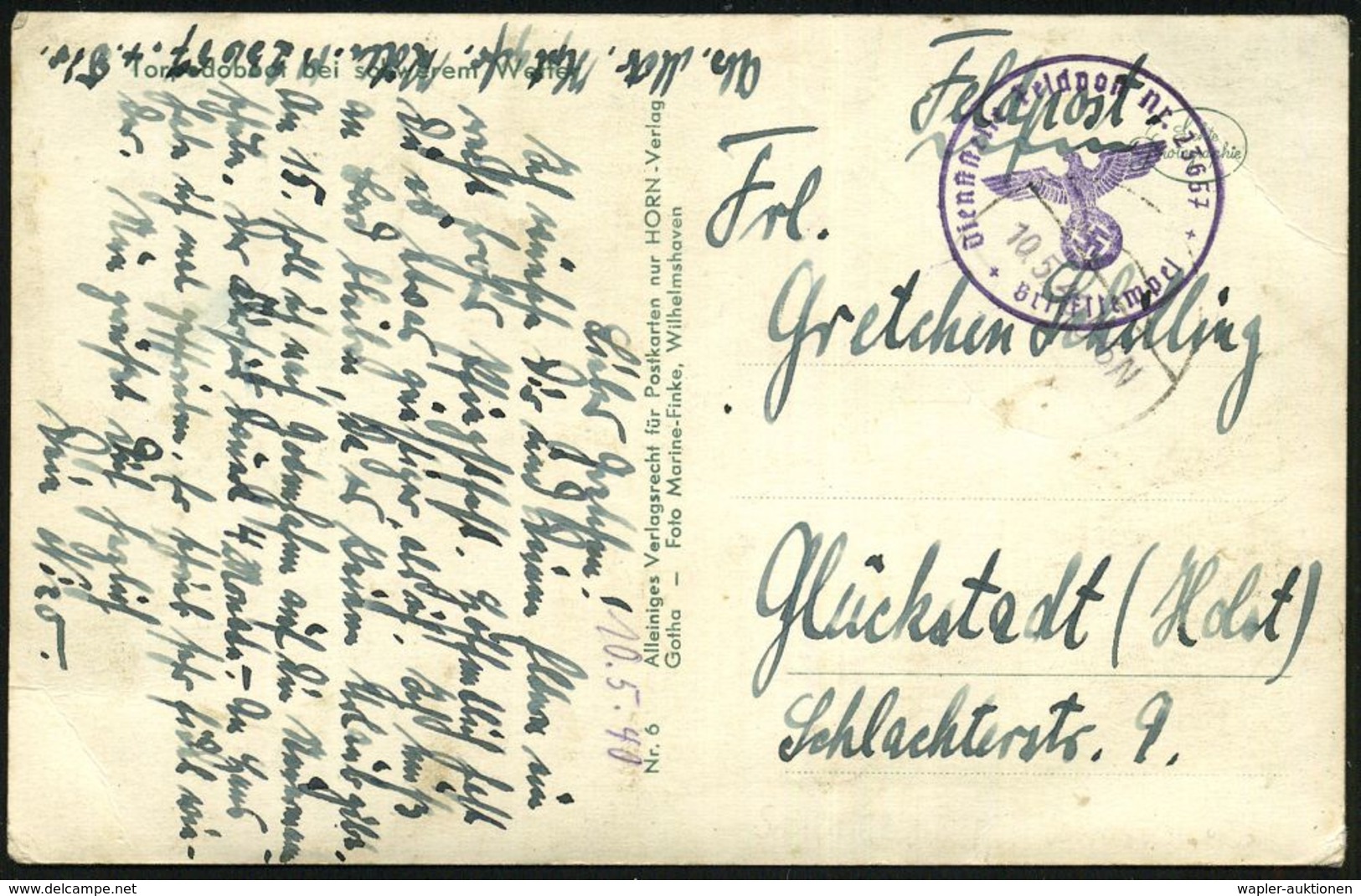 DEUTSCHES REICH 1940 (10.5.) Stummer 1K-Steg = Tarnstempel + Viol. 1K-HdN: Feldpostnr. 23657 = Schlachtschiff "Scharnhor - Maritime