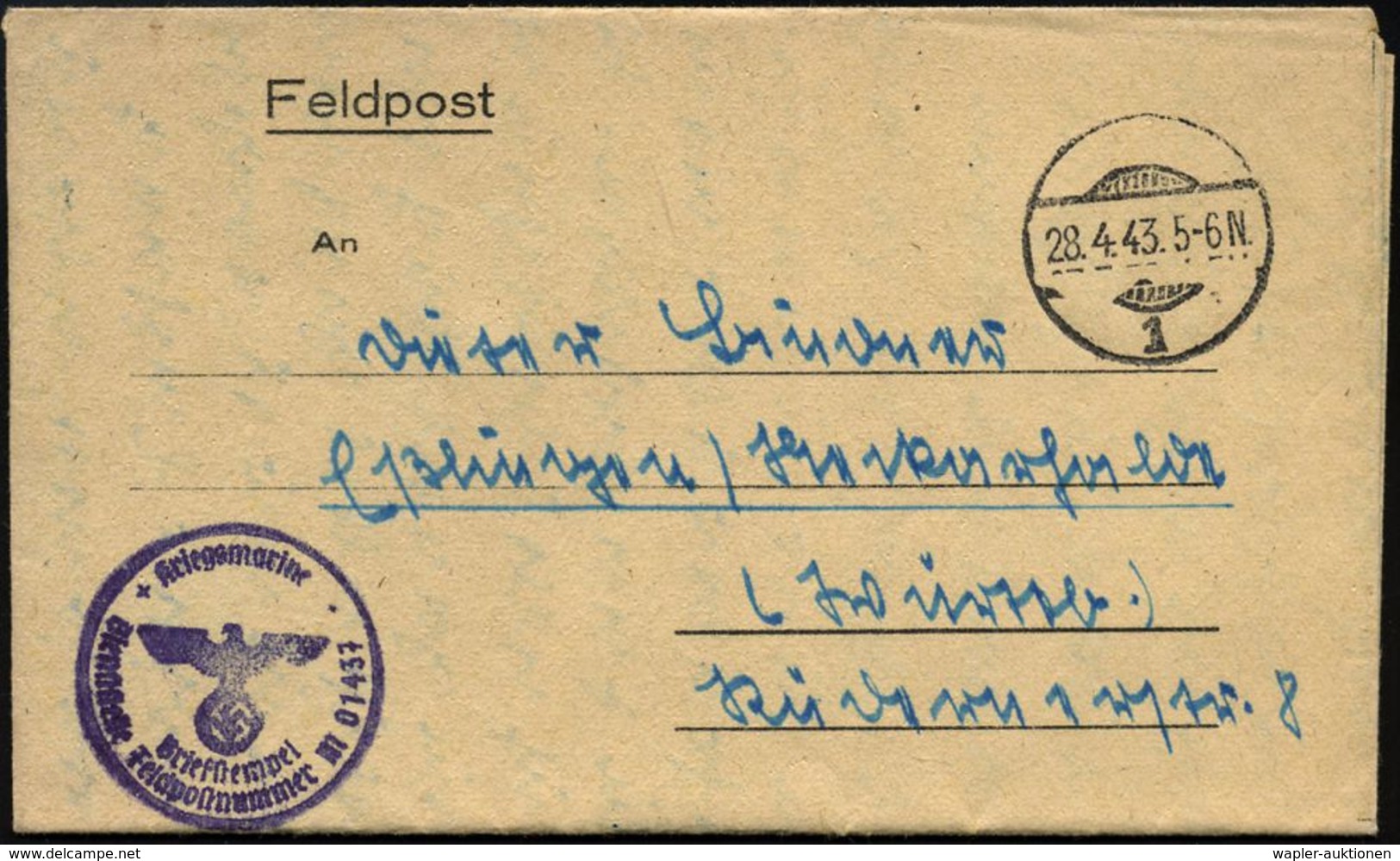 DEUTSCHES REICH 1943 (28.4.) Stummer 1K-Gitter = Tarnstempel + Viol. 1K-HdN: Kriegsmarine/..Feldpostnr. M 01437 = Artill - Schiffahrt