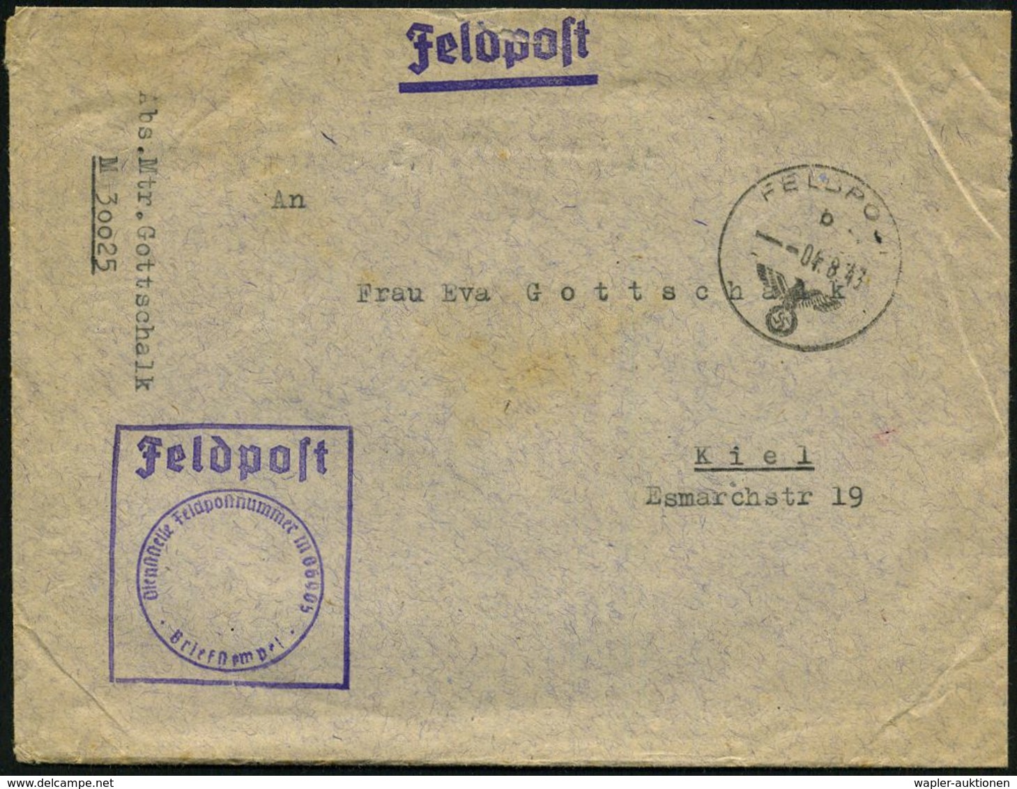 DEUTSCHES REICH 1943 (4.8.) 1K: FELDPOST/b/--- + Viol. Ra.: Feldpost/.. Feldpostnr. M 06905 = 3. Minensuch-Flottille, Bo - Schiffahrt