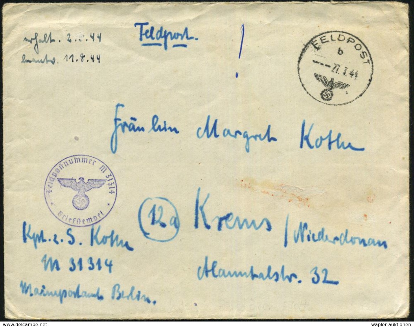 DEUTSCHES REICH 1944 (27.1.) 1K: FELDPOST/b/--- + Viol. 1K-HdN: Feldpostnr. M 31314 = Kommando 6. Zerstörer-Flottille +  - Schiffahrt