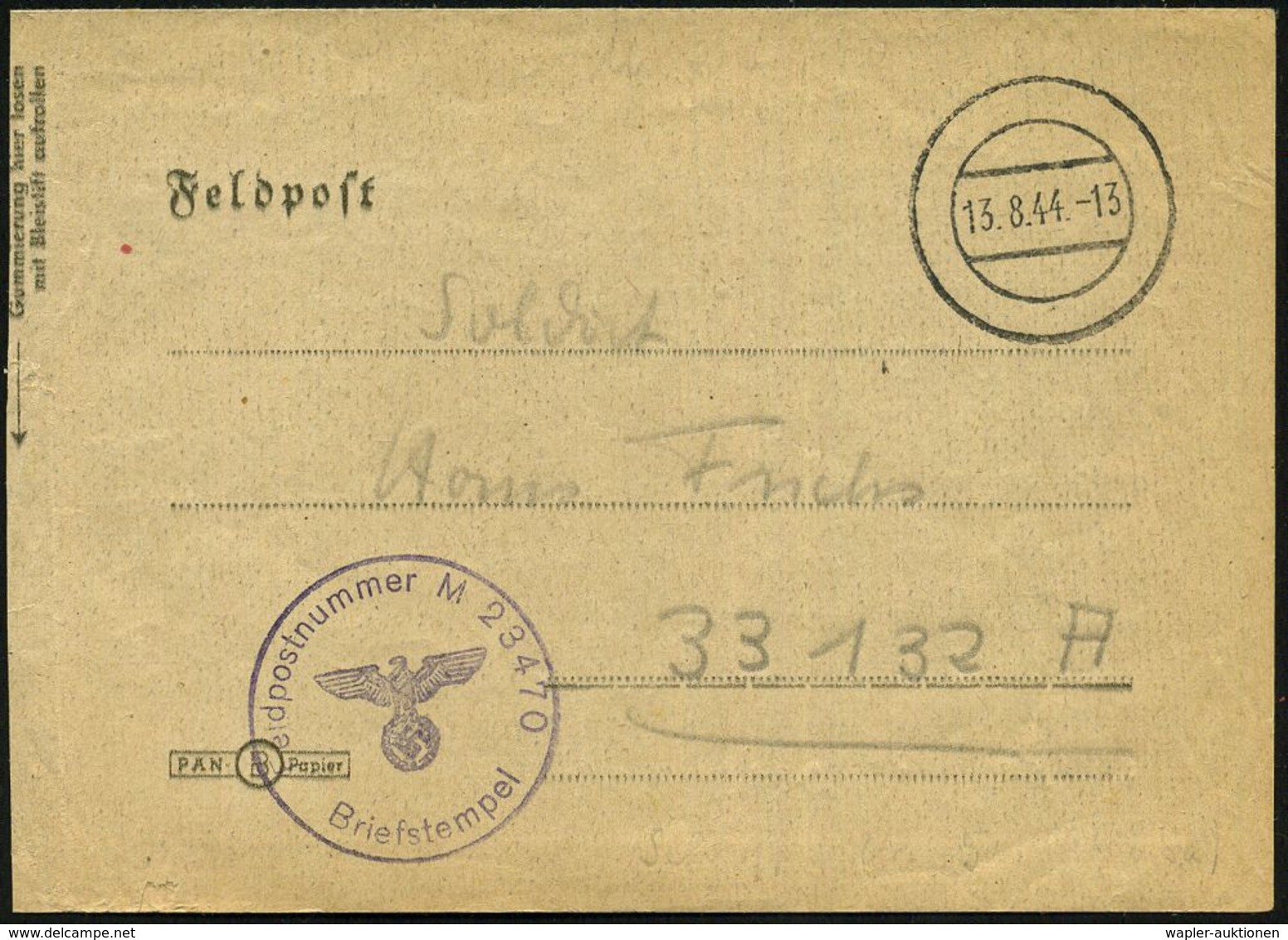 DEUTSCHES REICH 1944 (13.8.) Stummer 2K-Steg = Tarnstempel + Viol. 1K-HdN: Feldpostnr. M 23470 = Hilfskreuzer Nr. 5 , Ka - Maritime