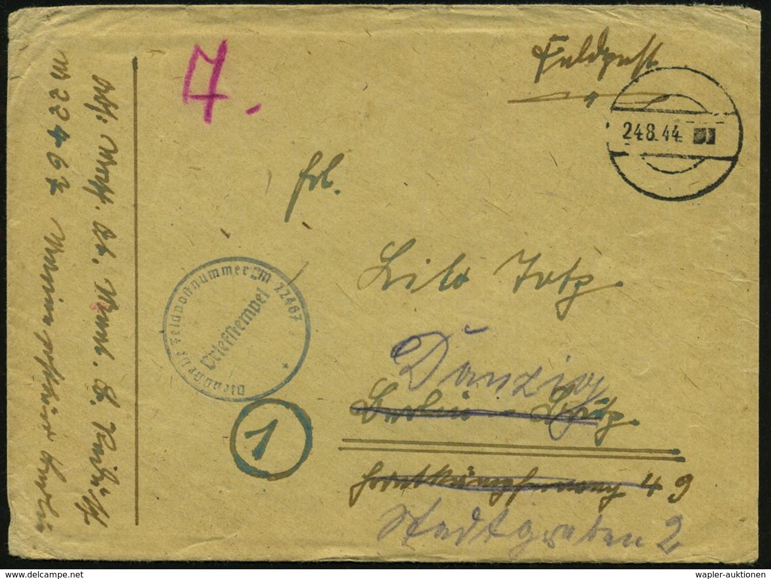 DEUTSCHES REICH /  FRANKREICH 1944 (24.8.) Aptierter 1K-Steg = Tarnstempel + Blauer 1K-HdN: .. Feldpostnr. M 22467 = Min - Maritiem