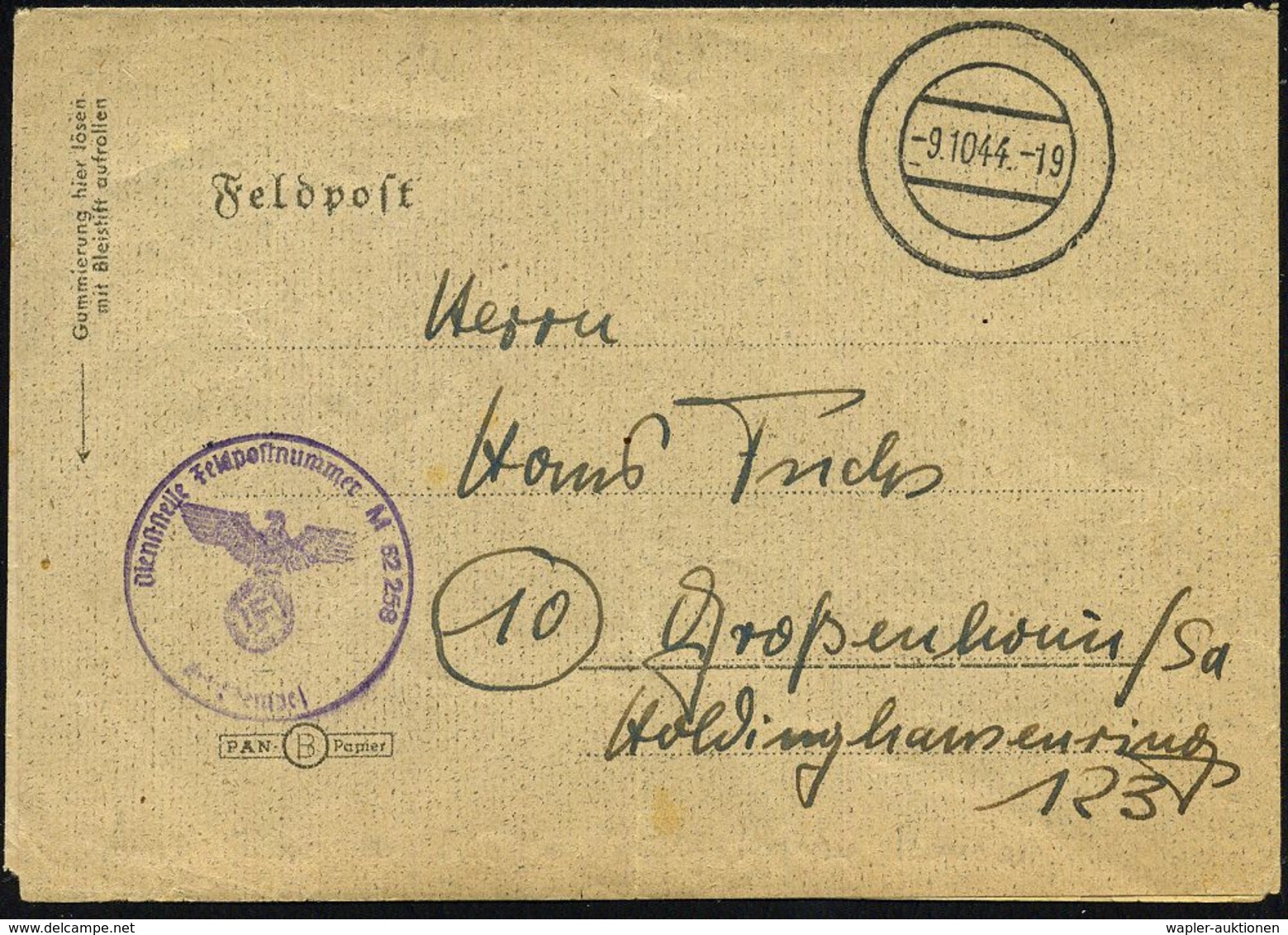 DEUTSCHES REICH 1944 (9.10.) Stummer 2K-Steg = Tarnstempel + Viol. 1K-HdN: Feldpostnr. M 62 258 = Ausbildungesverband De - Schiffahrt