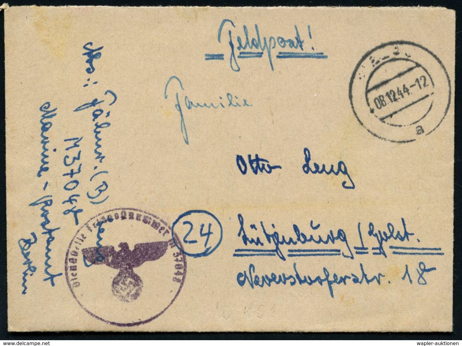 DEUTSCHES REICH 1944 (8.12.) Stummer 2K-Steg = Tarnstempel + Viol. 1K-HdN: Feldpostnr. M 37048 = 4. Minensuch-Flottille, - Marítimo